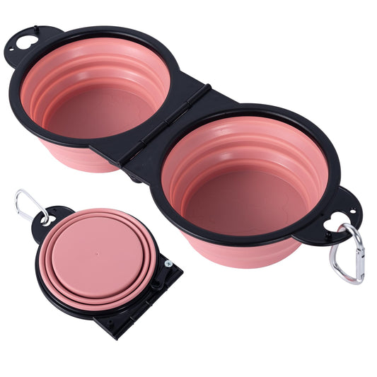 SLSON Collapsible Dog Dual Bowls Reinforced Rim 180 Degrees Flip Over Foldable Double Bowl with Lock Clips More Stable Dog Travel Bowls Pet Food Water Feeder (Light Pink)