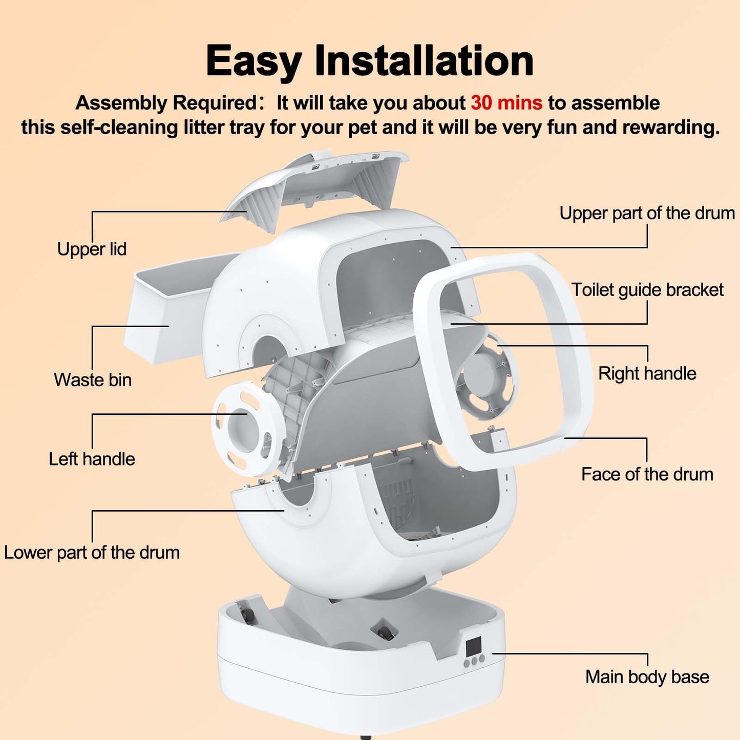 Mintakawa Automatic Cat Litter Box Self Cleaning - APP Control and Weight Monitoring - Ultra-Quiet, Suitable for Medium Cats and Kittens, Safe Anti-Pinch Litter Box (Assembly Required) - White