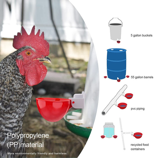 EOKOICA Chicken Waterer Cups, 6 Packs Large Chicken Watering Cups, Automatic Chicken Water Cups, Tee Fittings Poultry Feeder Cups Suitable for Chicken, Duck, Goose, Turkey with Mounting Hole Opener