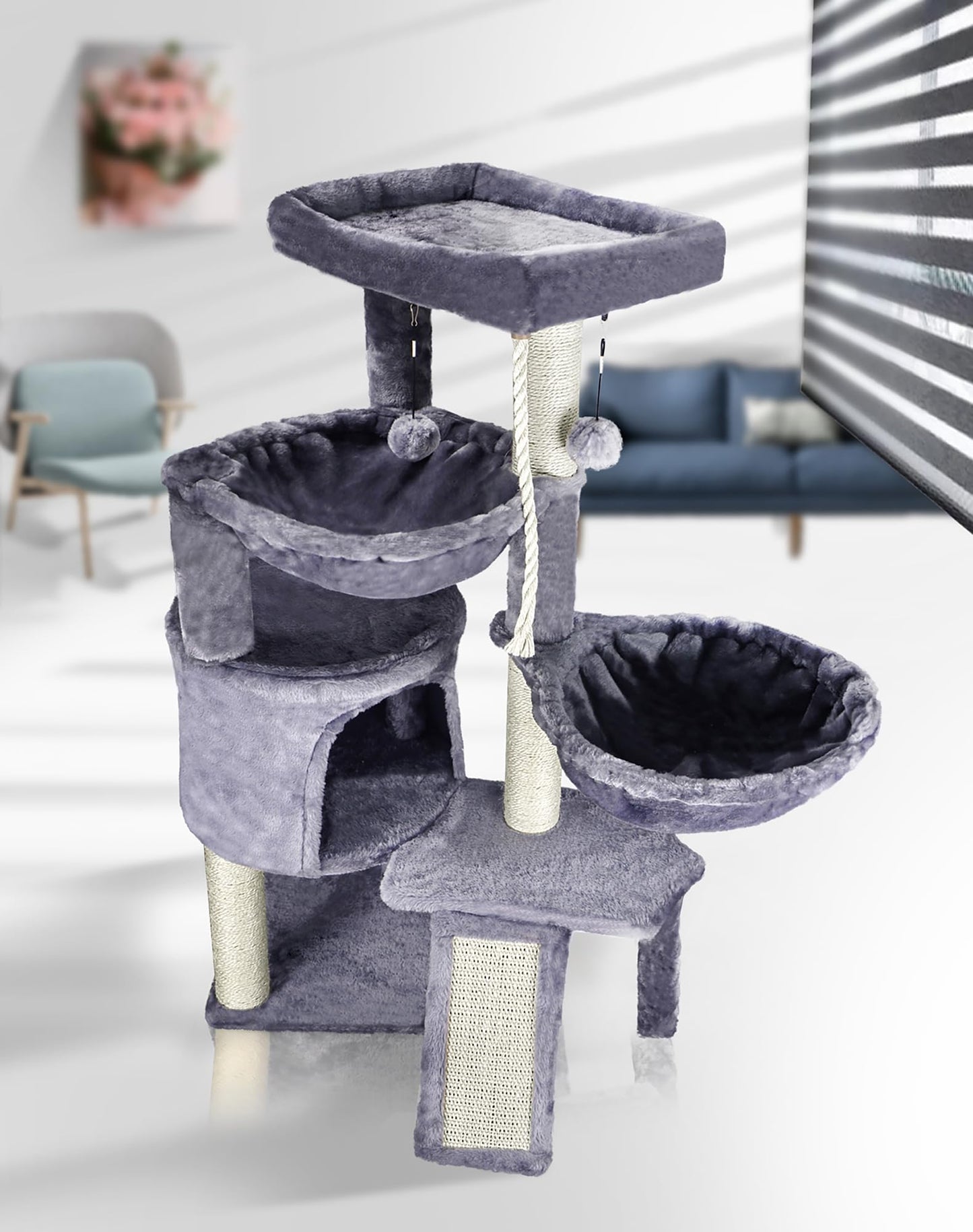3-Tier Cat Tree with 2 Hammocks & Condo, Grey | Multi-Level Indoor Cat Tower with Natural Sisal Scratching Posts, Rope Ladder, Replaceable Hanging Balls | Sturdy Cat Furniture for Kittens & Adult Cats