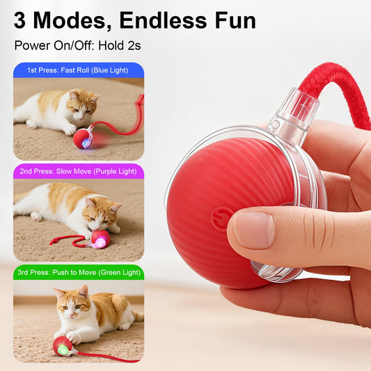 Smart Interactive Automatic Electric Rolling Moving Rechargeable Motion Activated Self Solo Play Electronic Stimulation Chase Teaser Ball Toy with Rope for Indoor Bored Adult Cat and Dog, Red