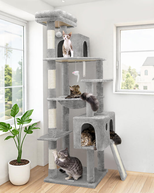 Globlazer Heavy Duty Cat Tree, 70 inch Sturdy Cat Tree for Indoor Cats Extra Large Cat Tower with Scratching Post, Hammock, Cat Condo for Adult Cats Kittens, F70 Pro, Light Grey