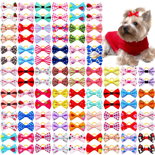 Senniea 100PCS Cute Puppy Dog Small Bowknot Hair Bows,Yorkie Doggie Bows with Rubber Band Pet Grooming Bows Dog Hair Costume Accessories for Small Dog