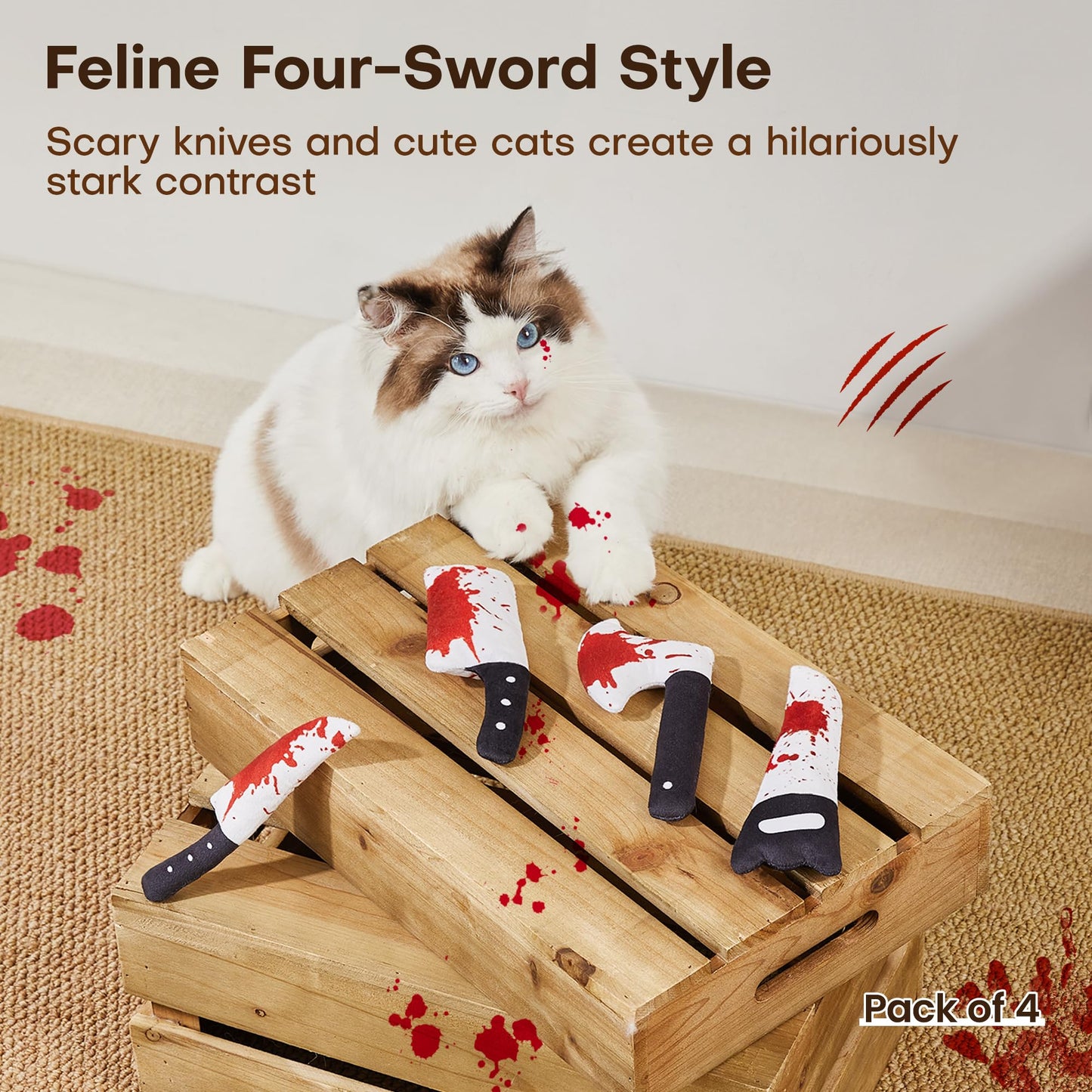 Potaroma 4Pcs Cat Toys, Horror Halloween Knife-Shaped Kitten Catnip Crinkly Sound Toys, Indoor Exercise for All Cat Breeds 6.5 Inches