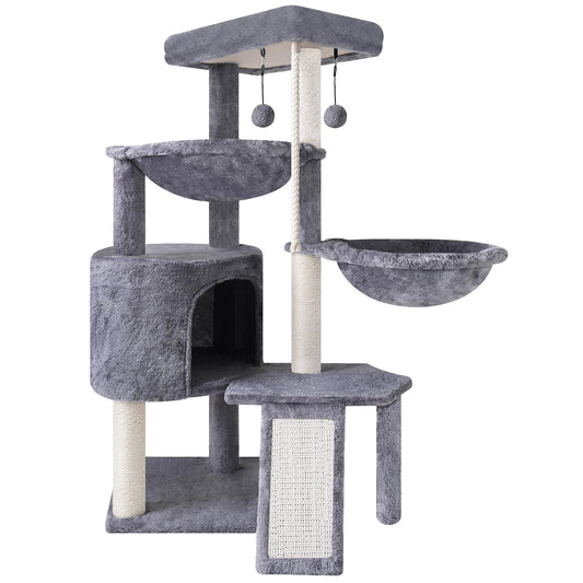 3-Tier Cat Tree with 2 Hammocks & Condo, Grey | Multi-Level Indoor Cat Tower with Natural Sisal Scratching Posts, Rope Ladder, Replaceable Hanging Balls | Sturdy Cat Furniture for Kittens & Adult Cats