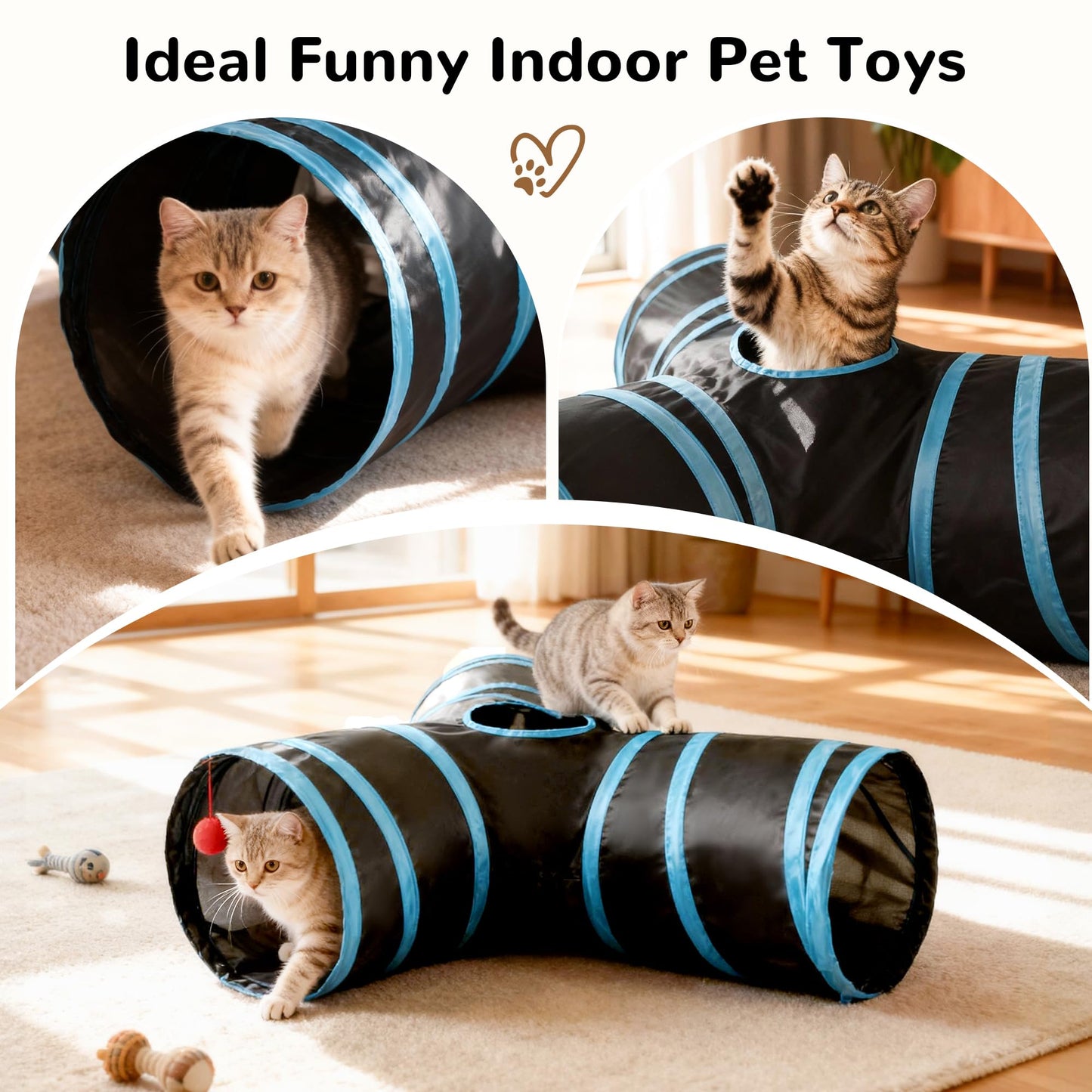 Tempcore Pet Cat Tunnel Tube Toys 3 Way Collapsible, Tunnels for Indoor Cats, Interactive Tube with Teaser Wand, Peek Holes & Hanging Ball, Black & Blue