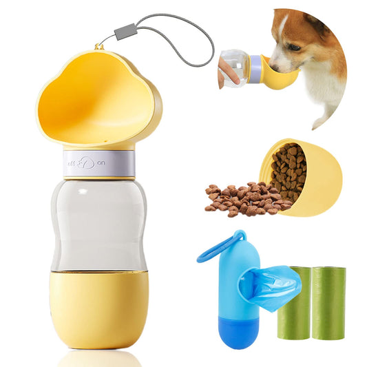Convenient Dog Water Dispenser & Bowl - Leak Proof, Pet Food Container, Dog Poop Bags for Walking, Hiking & Travel (Yellow)