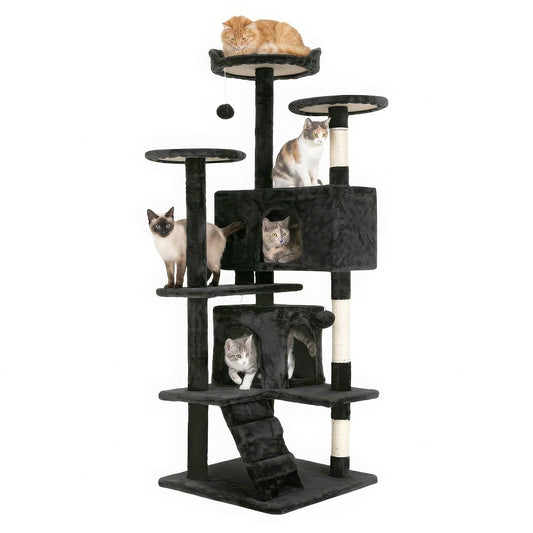 FDW | 54" Cat Tree Tower | Dark Gray | Multi-Level Indoor Activity Center with Sisal Scratching Posts, Condos, Plush Perches, Hanging Cat Toys | Sturdy, Easy to Assemble | for Kittens & Adult Cats