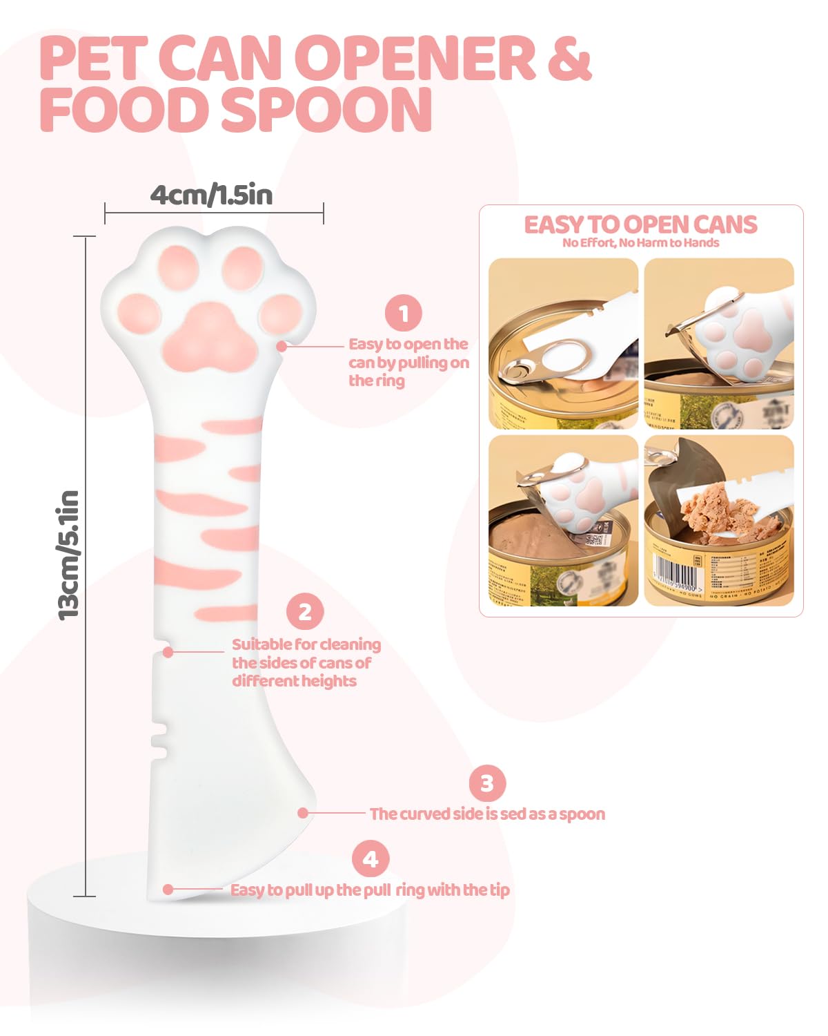 Aecsze 5 PCS Cat Food Can Covers Lids Set, Silicone Pet Food Can Lids with Multi-Function Cat Food Spoon and Opener, Cat Bar Squeezer, Stainless Steel Wet Food Spoon for Cats and Dogs (Pink) (Pink)