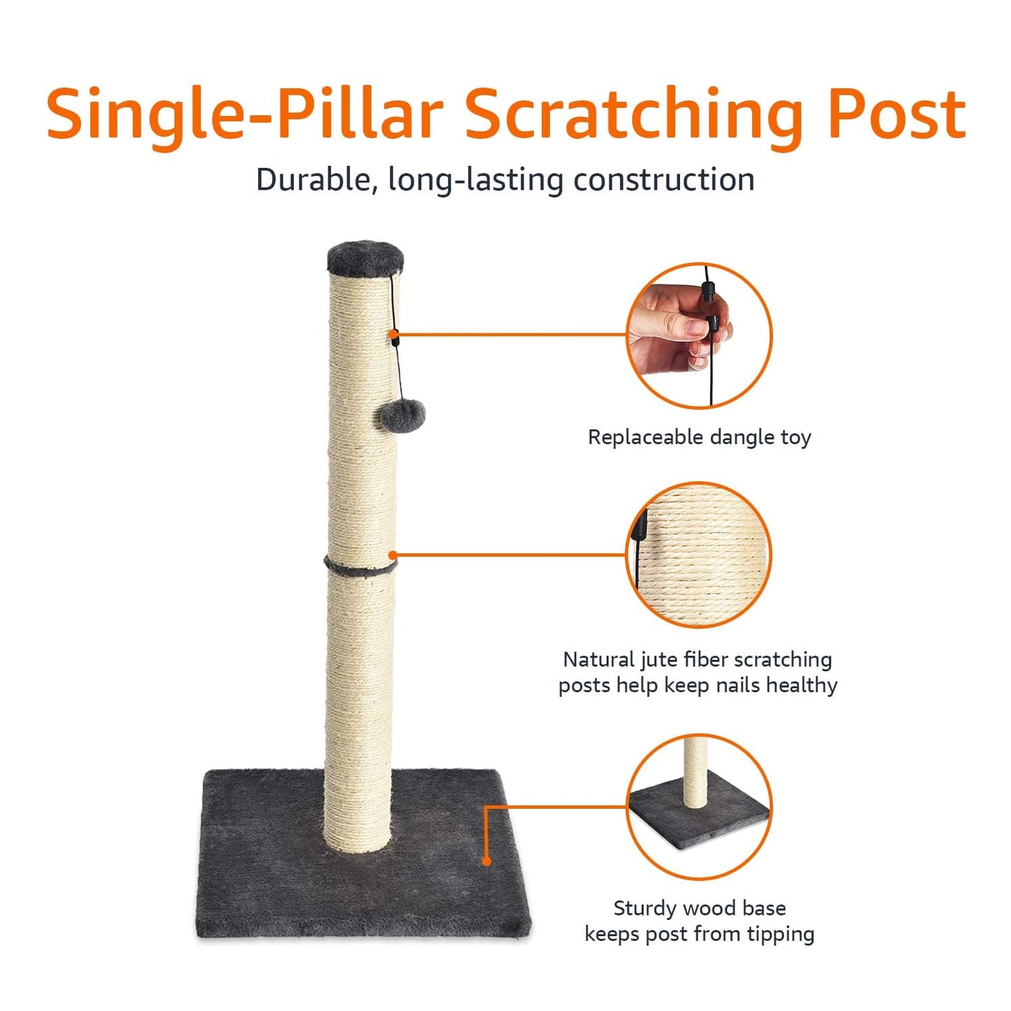Amazon Basics Cat Scratching Post for Indoor Cats & Kittens, Medium (31.5"H), Cat Furniture with Dangling Ball Toy, Grey