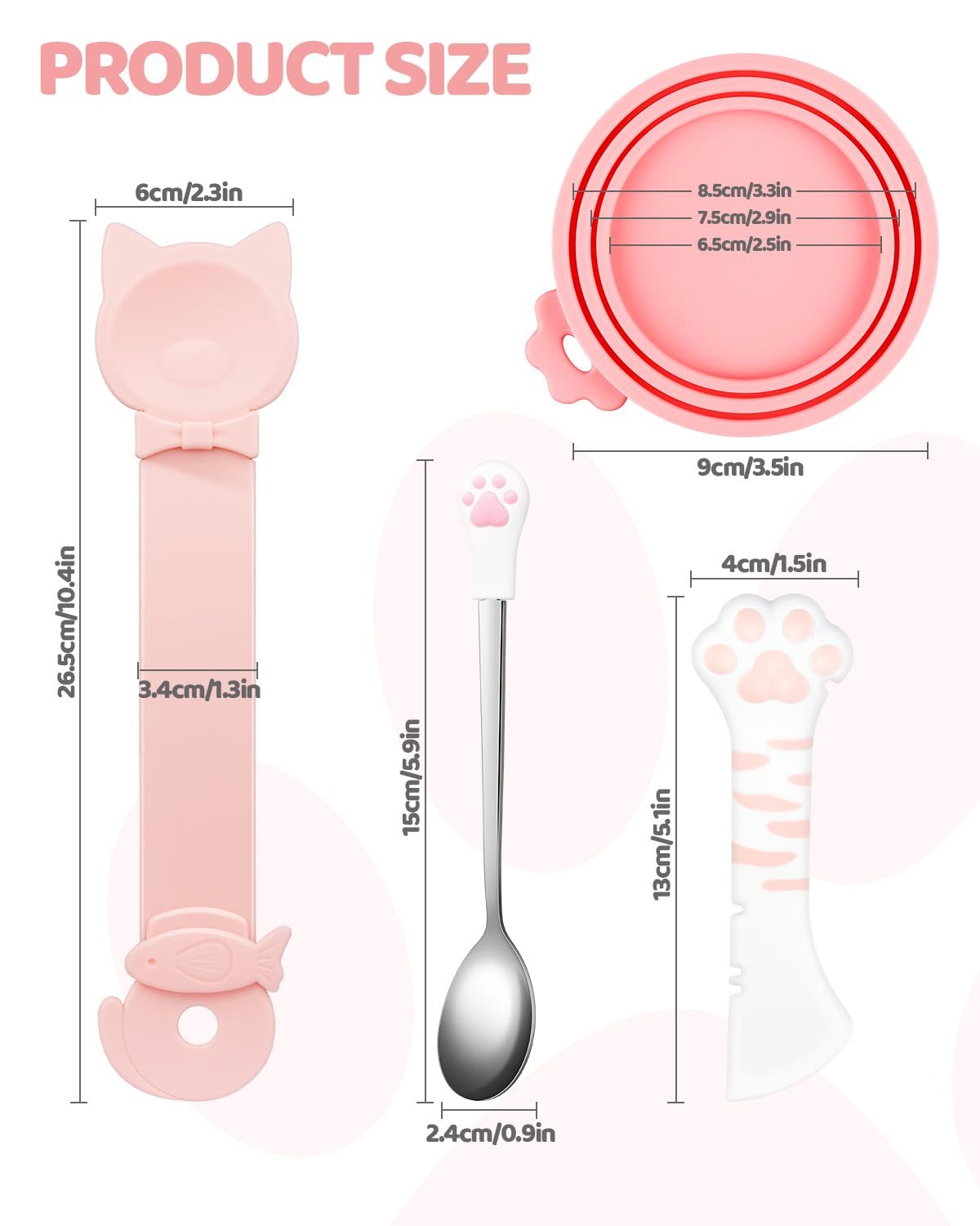 Aecsze 5 PCS Cat Food Can Covers Lids Set, Silicone Pet Food Can Lids with Multi-Function Cat Food Spoon and Opener, Cat Bar Squeezer, Stainless Steel Wet Food Spoon for Cats and Dogs (Pink) (Pink)