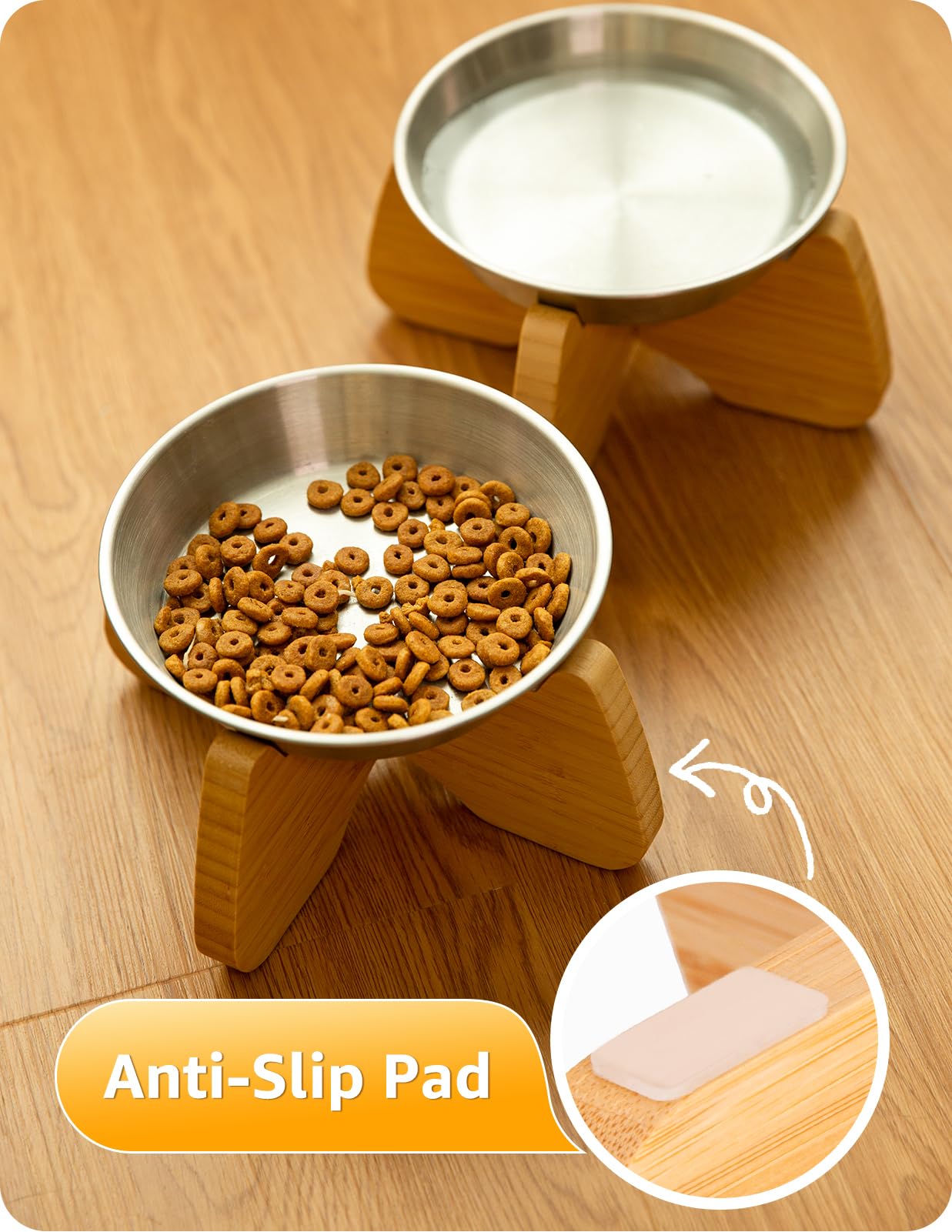 Raised Cat Bowl, 2 Pack Stainless Steel Elevated Cat Bowl Whisker Friendly Wide Flat Shallow Cute with Bamboo Stand Elevated Cat Food Plate Dishwasher Safe No Slip Lifted Raised Cat Dish Easy Clean