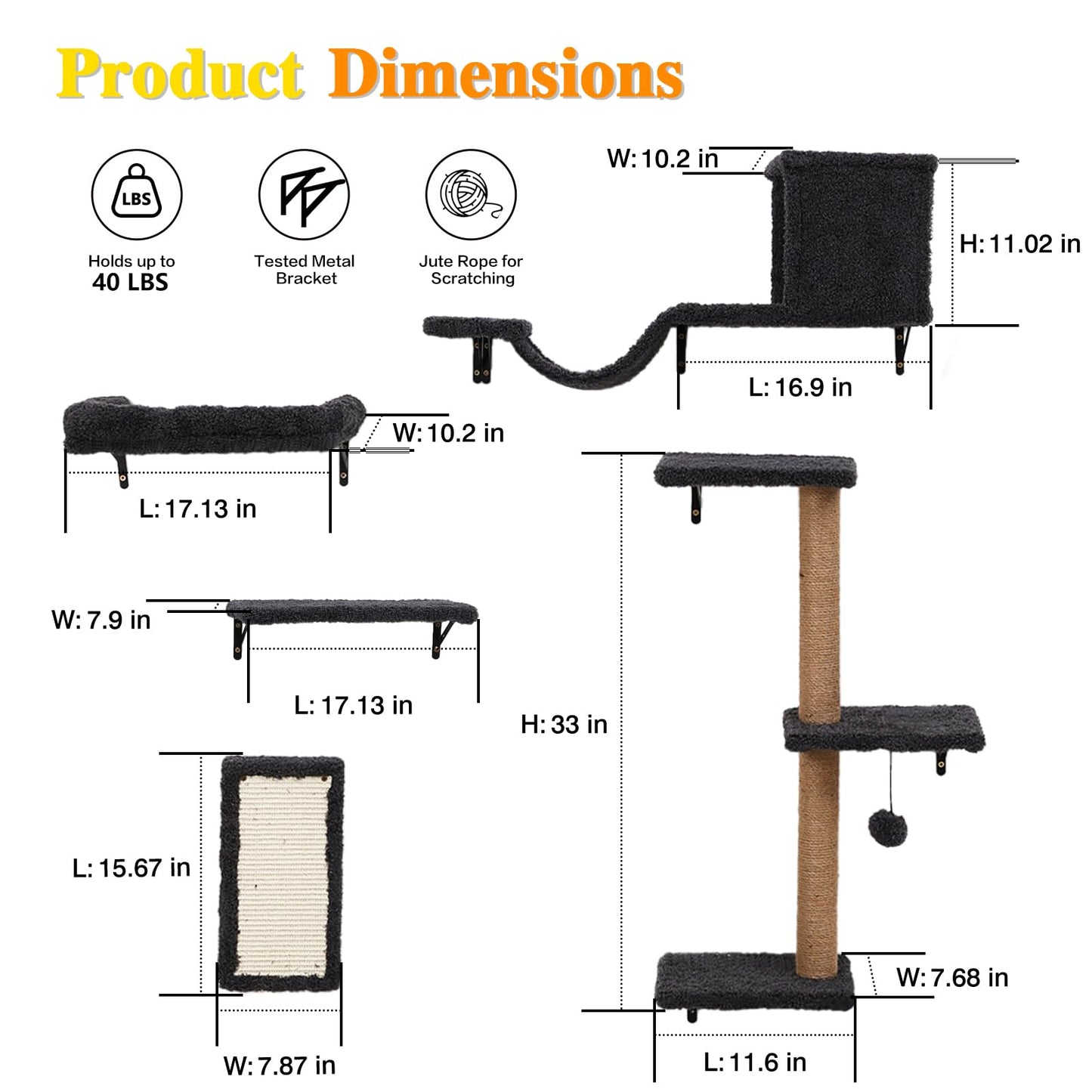 5-in-1 Cat Wall Shelves for Indoor Cats, Wall Mounted Cat Furniture with Bed, Cave, Scratching Post & Perch, Multi-Level Cat Climbing Wall, Space Saving Floating Cat Shelves (Natural Wood Darkgrey)