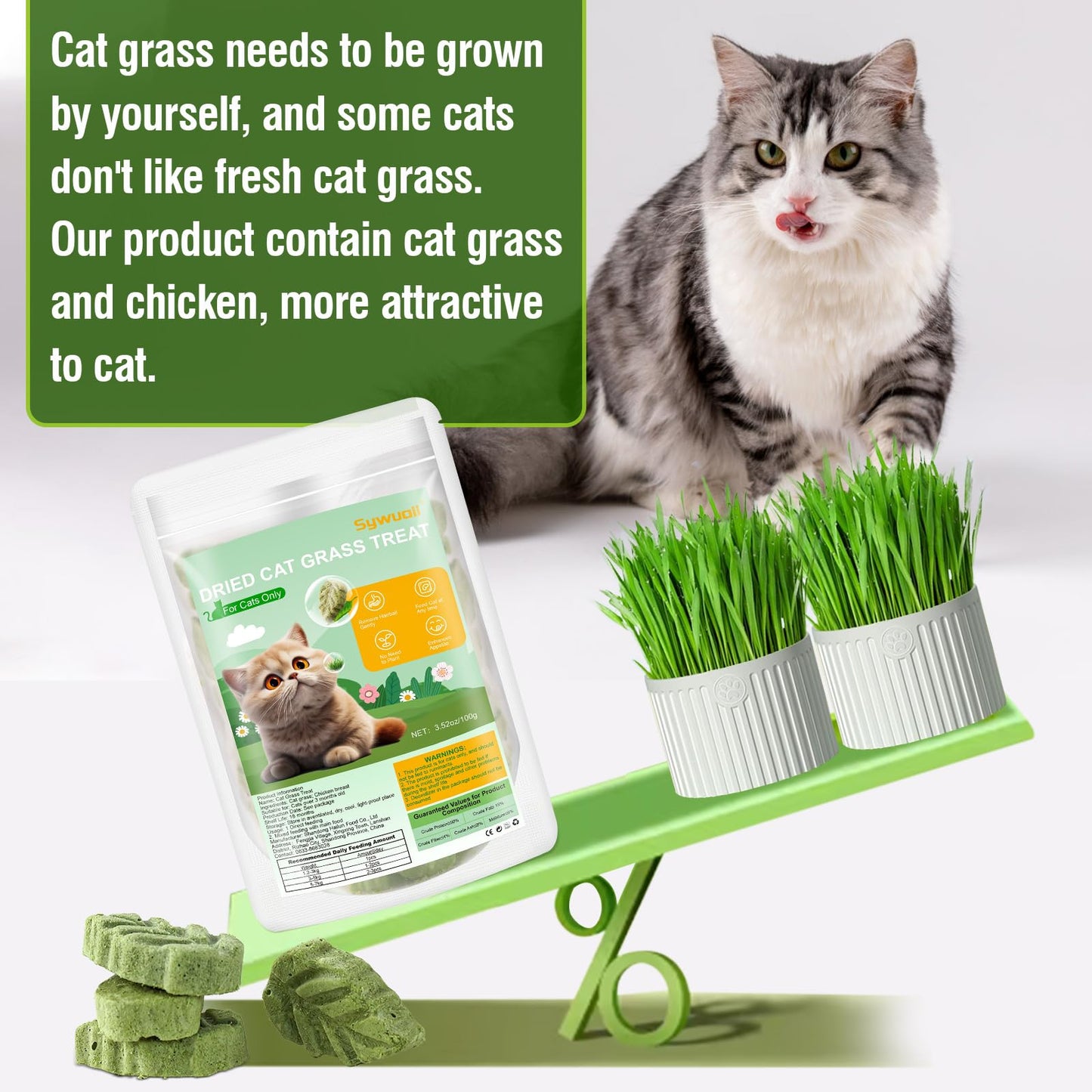 SYWUAII 100g/3.52oz Cat Grass Treats, Cat Grass Teething Stick for Hairball Remove and Teeth Cleaning, Edible Cats-Grass Stick Snack