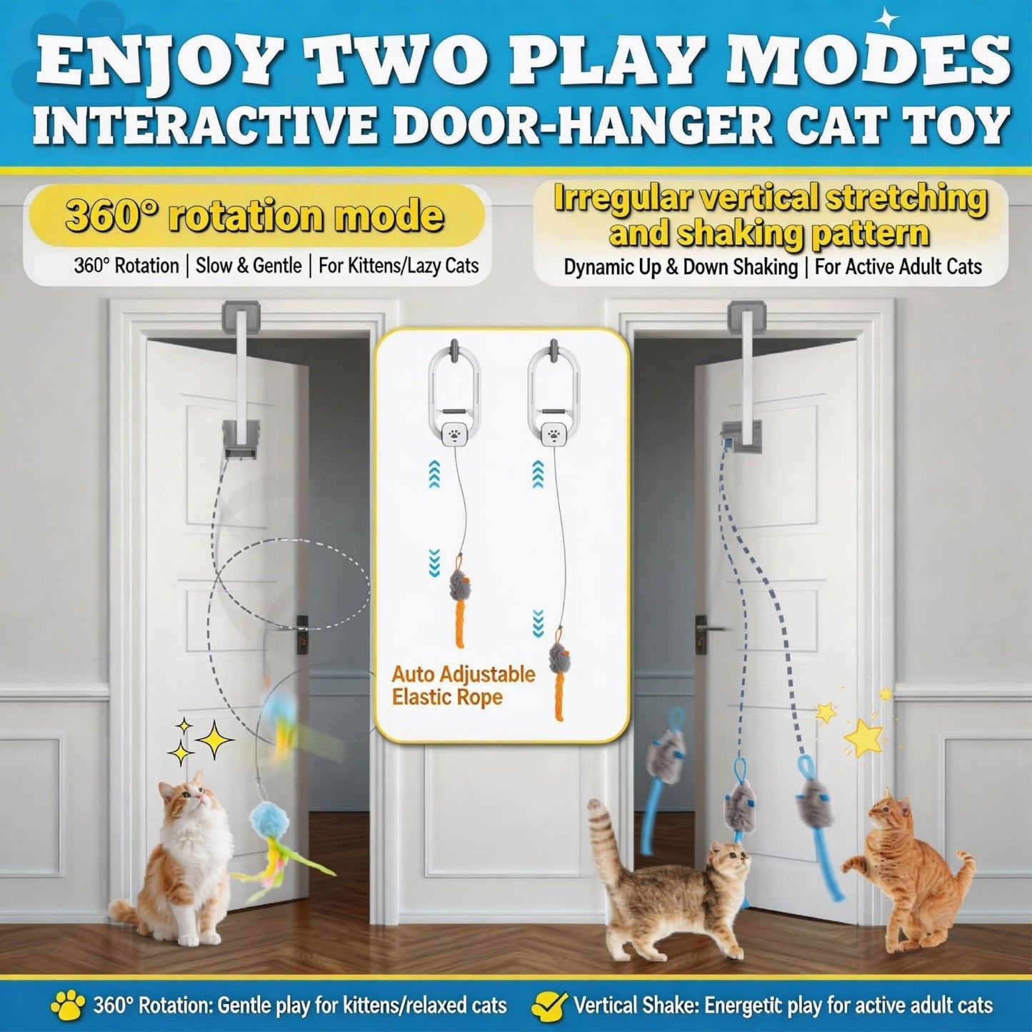 HAPPYCODE Interactive Cat Toy, Rechargeable Electric Cat Teaser, Hanging Door cat Toy, 2 Motion Modes (360° Spin & Irregular Jumping), Smart Auto Cat Toy for Exercise & Fun, Grey