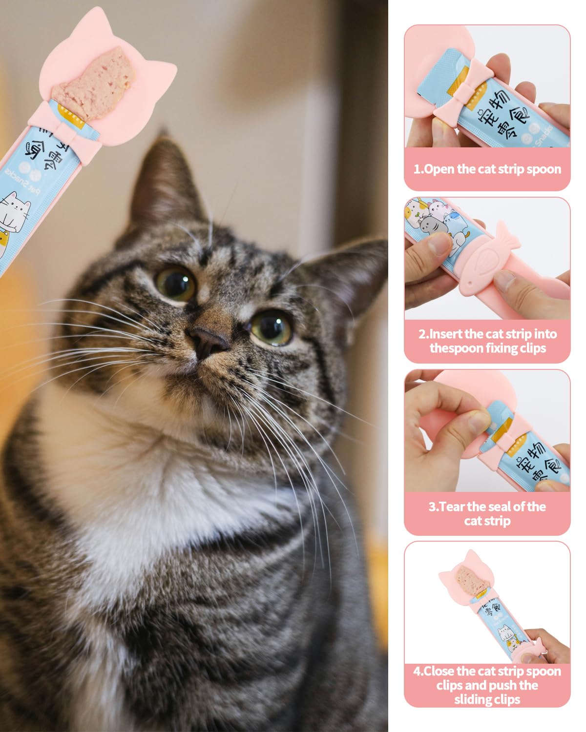 Aecsze 5 PCS Cat Food Can Covers Lids Set, Silicone Pet Food Can Lids with Multi-Function Cat Food Spoon and Opener, Cat Bar Squeezer, Stainless Steel Wet Food Spoon for Cats and Dogs (Pink) (Pink)