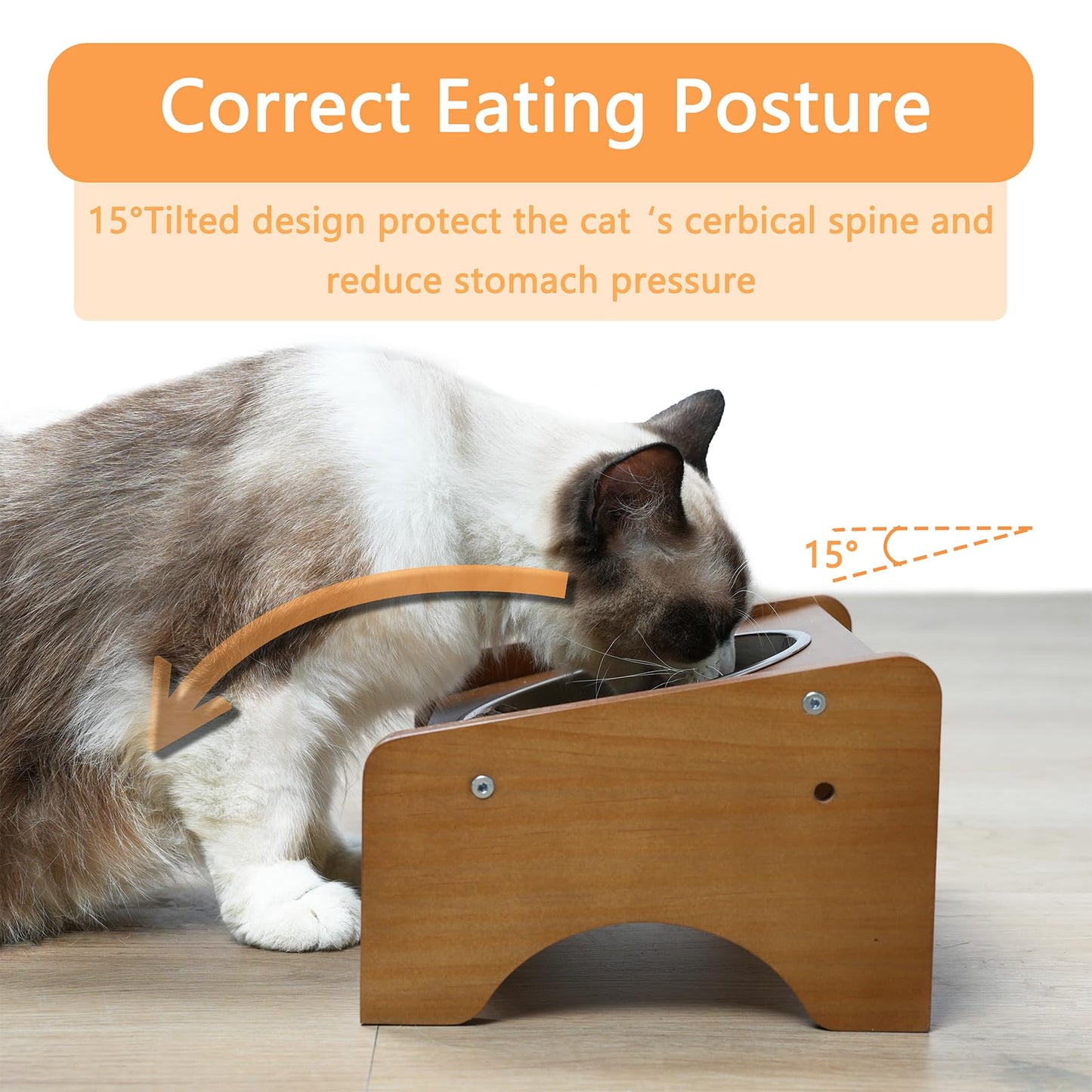 Elevated Stainless Steel Raised Food and Water Bowls, 15 Tilted Anti Vomiting, Dishwasher Safe, Non-Slip, Suitable for Cats and Puppies (Brown) - 2 Pack