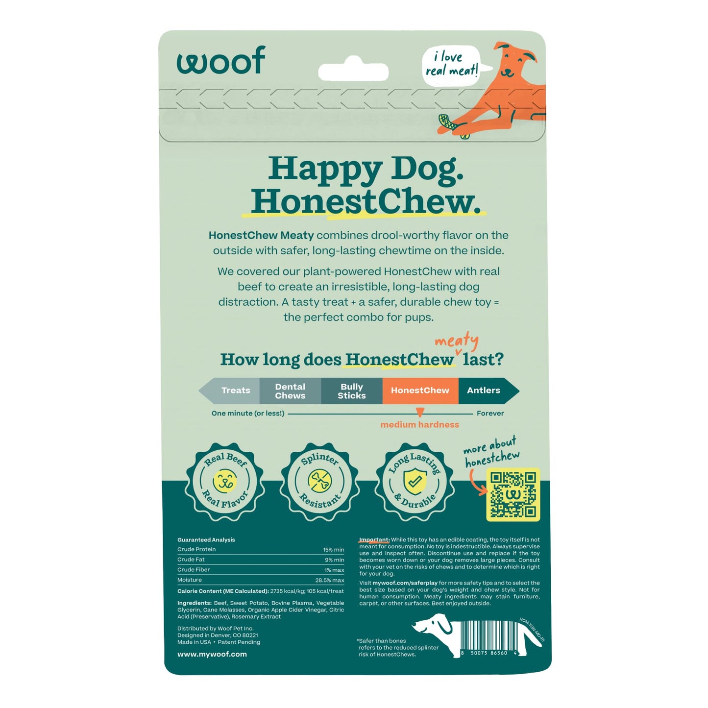 WOOF HonestChew Meaty Dog Toy Y-Gnawt - Durable Dog Chews - Made with Real Beef and Natural, Plant-Based Ingredients - Splinter-Resistant - Safer Than Dog Bones - Medium