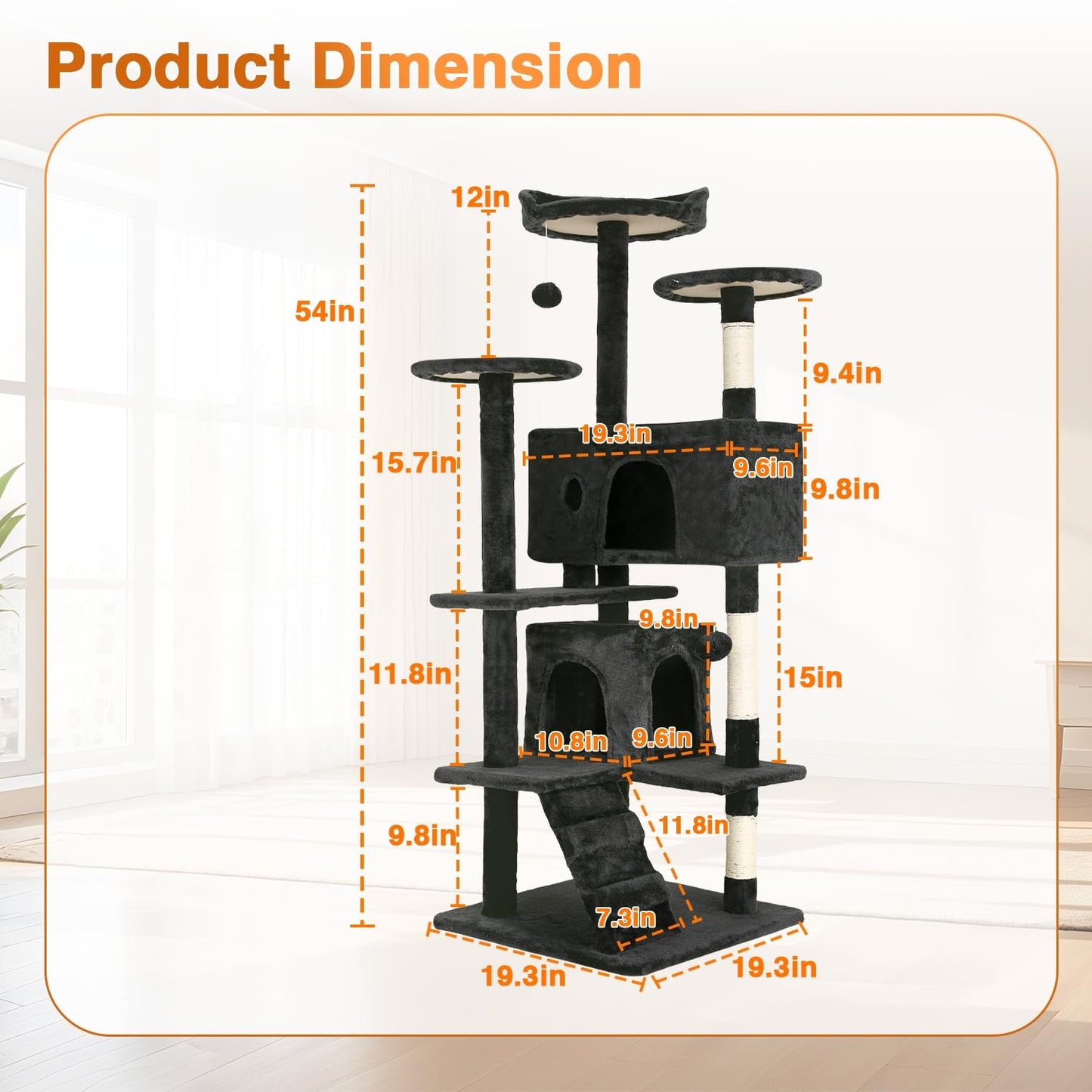 FDW | 54" Cat Tree Tower | Dark Gray | Multi-Level Indoor Activity Center with Sisal Scratching Posts, Condos, Plush Perches, Hanging Cat Toys | Sturdy, Easy to Assemble | for Kittens & Adult Cats