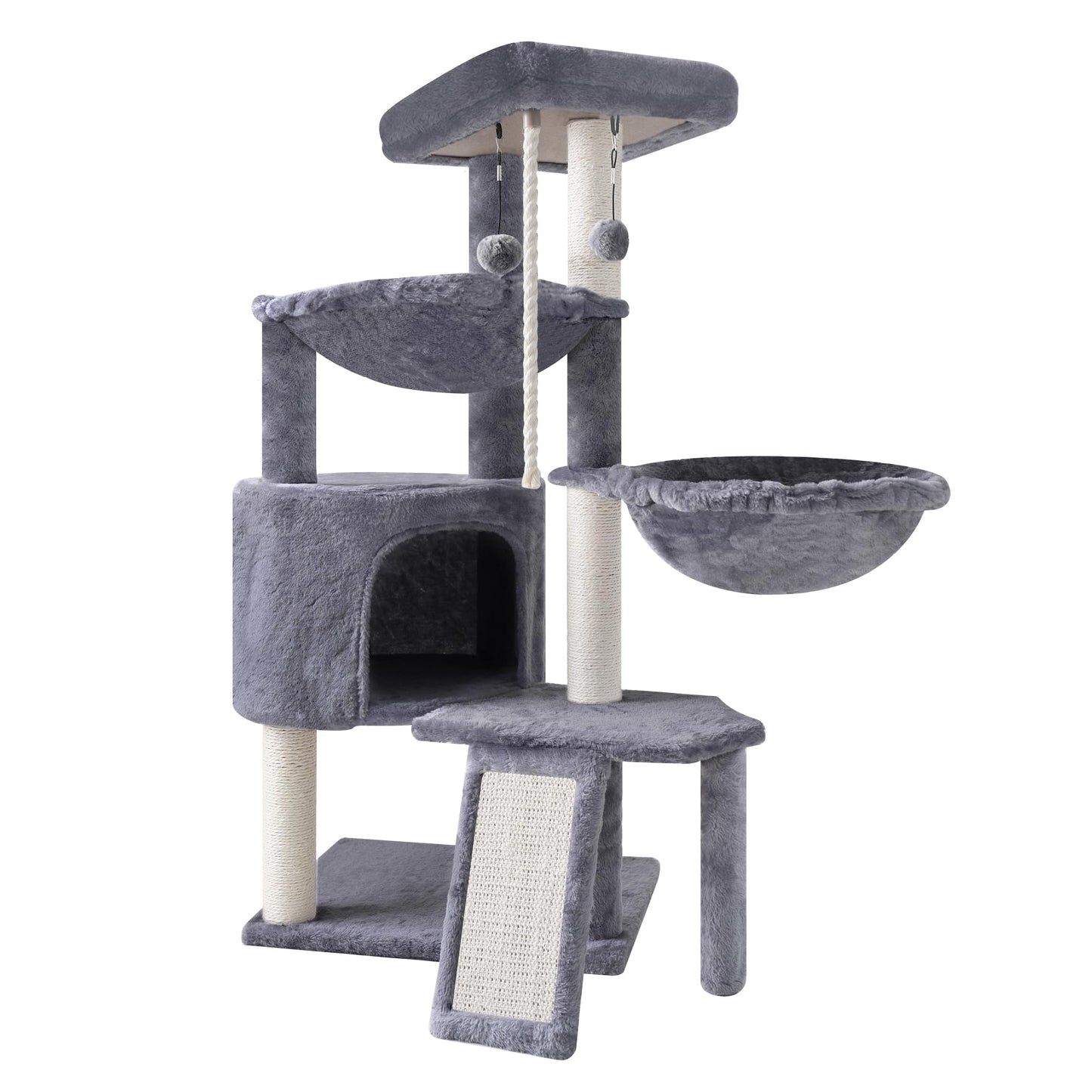3-Tier Cat Tree with 2 Hammocks & Condo, Grey | Multi-Level Indoor Cat Tower with Natural Sisal Scratching Posts, Rope Ladder, Replaceable Hanging Balls | Sturdy Cat Furniture for Kittens & Adult Cats
