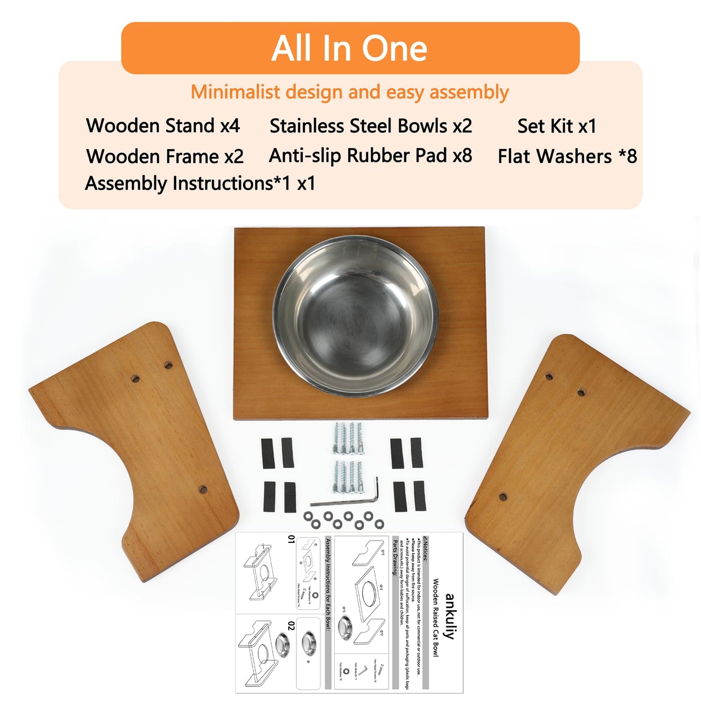 Elevated Stainless Steel Raised Food and Water Bowls, 15 Tilted Anti Vomiting, Dishwasher Safe, Non-Slip, Suitable for Cats and Puppies (Brown) - 2 Pack