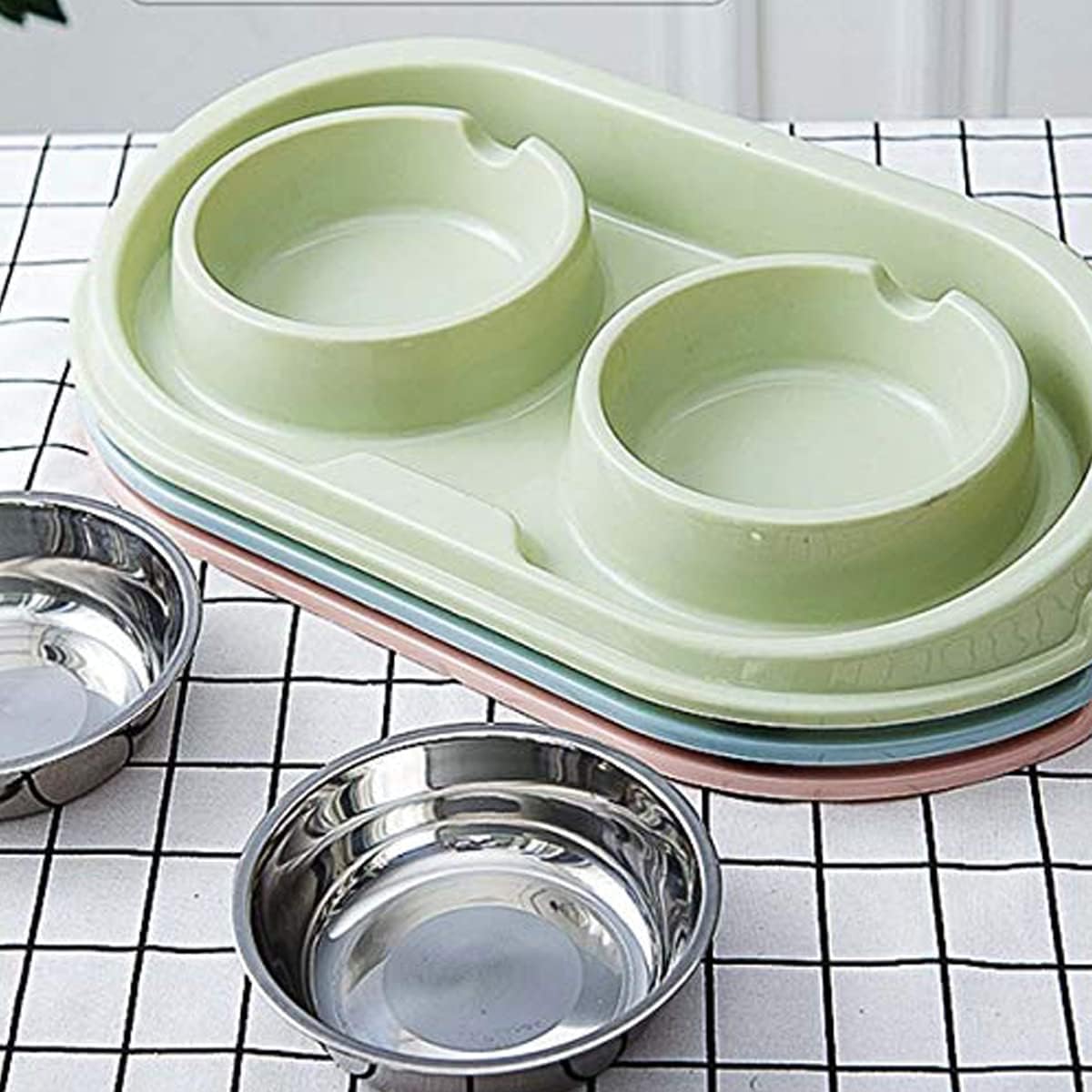 MXCELL Double Dog Cat Food Bowls, Stainless Steel Pet Bowls Dog Water Bowls with No-Spill and Non-Skid PP Station, Food Water Feeder for Cats and Small Dogs