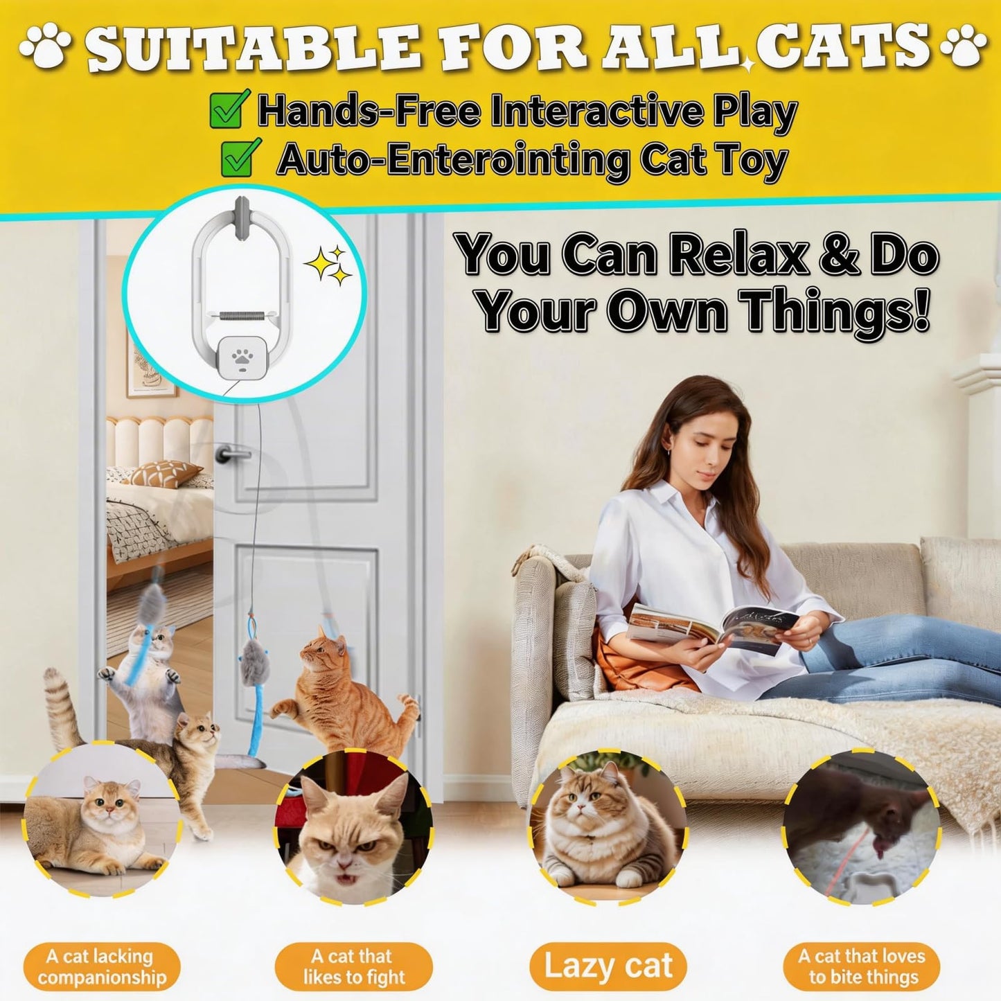 HAPPYCODE Interactive Cat Toy, Rechargeable Electric Cat Teaser, Hanging Door cat Toy, 2 Motion Modes (360° Spin & Irregular Jumping), Smart Auto Cat Toy for Exercise & Fun, Grey
