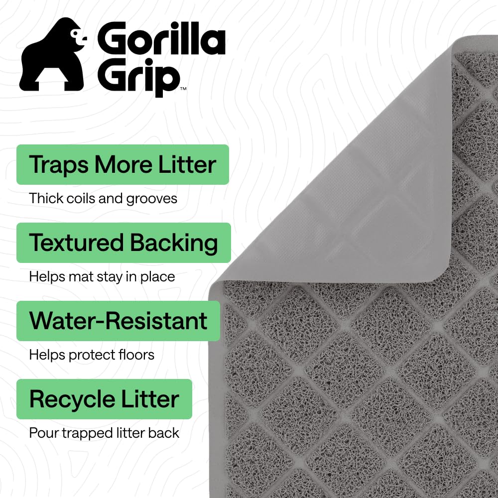 GORILLA GRIP Cat Litter Box Mat, Cushioned Coil Mesh Litter Trapping Mats, Scatter Control Supplies for Less Mess, Phthalate Free, Ultra Deep Catch Grooves, Rinse or Vacuum to Clean, 24x17 Gray