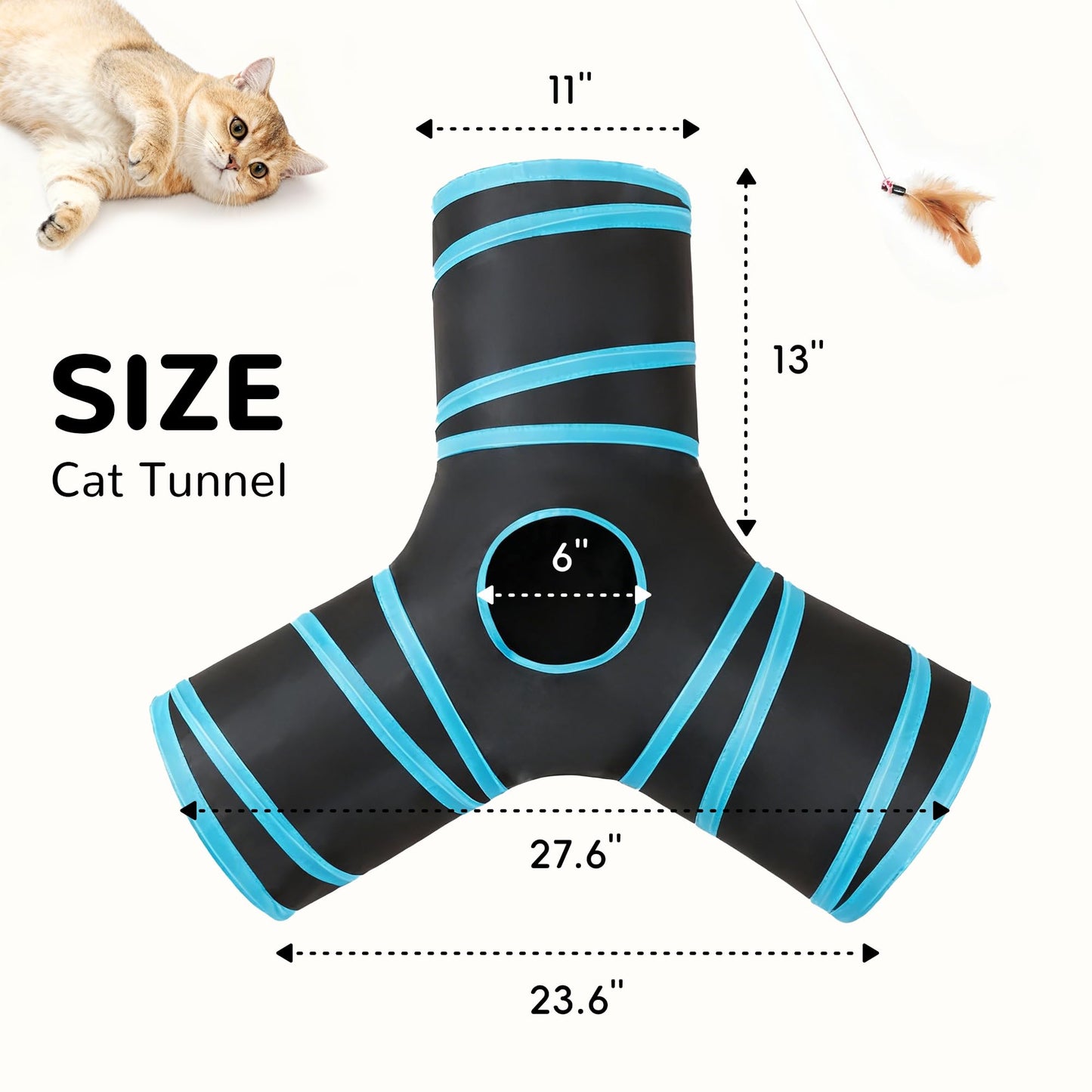 Tempcore Pet Cat Tunnel Tube Toys 3 Way Collapsible, Tunnels for Indoor Cats, Interactive Tube with Teaser Wand, Peek Holes & Hanging Ball, Black & Blue