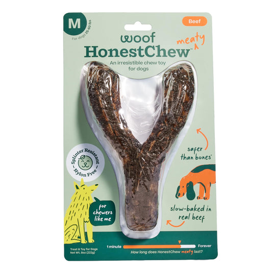 WOOF HonestChew Meaty Dog Toy Y-Gnawt - Durable Dog Chews - Made with Real Beef and Natural, Plant-Based Ingredients - Splinter-Resistant - Safer Than Dog Bones - Medium