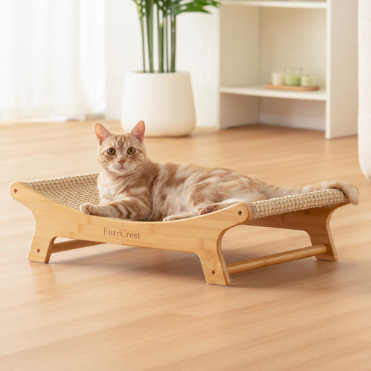 FurrCrest XL Sisal Cat Scratcher Bed with Elevated Hammock for Indoor Cats, Replaceable Natural Sisal Pad, Large Cat Lounge, Anti-Slip No-Wobble Bamboo Frame, Natural Grey