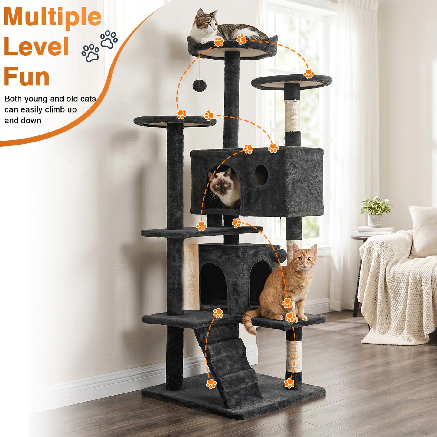 FDW | 54" Cat Tree Tower | Dark Gray | Multi-Level Indoor Activity Center with Sisal Scratching Posts, Condos, Plush Perches, Hanging Cat Toys | Sturdy, Easy to Assemble | for Kittens & Adult Cats
