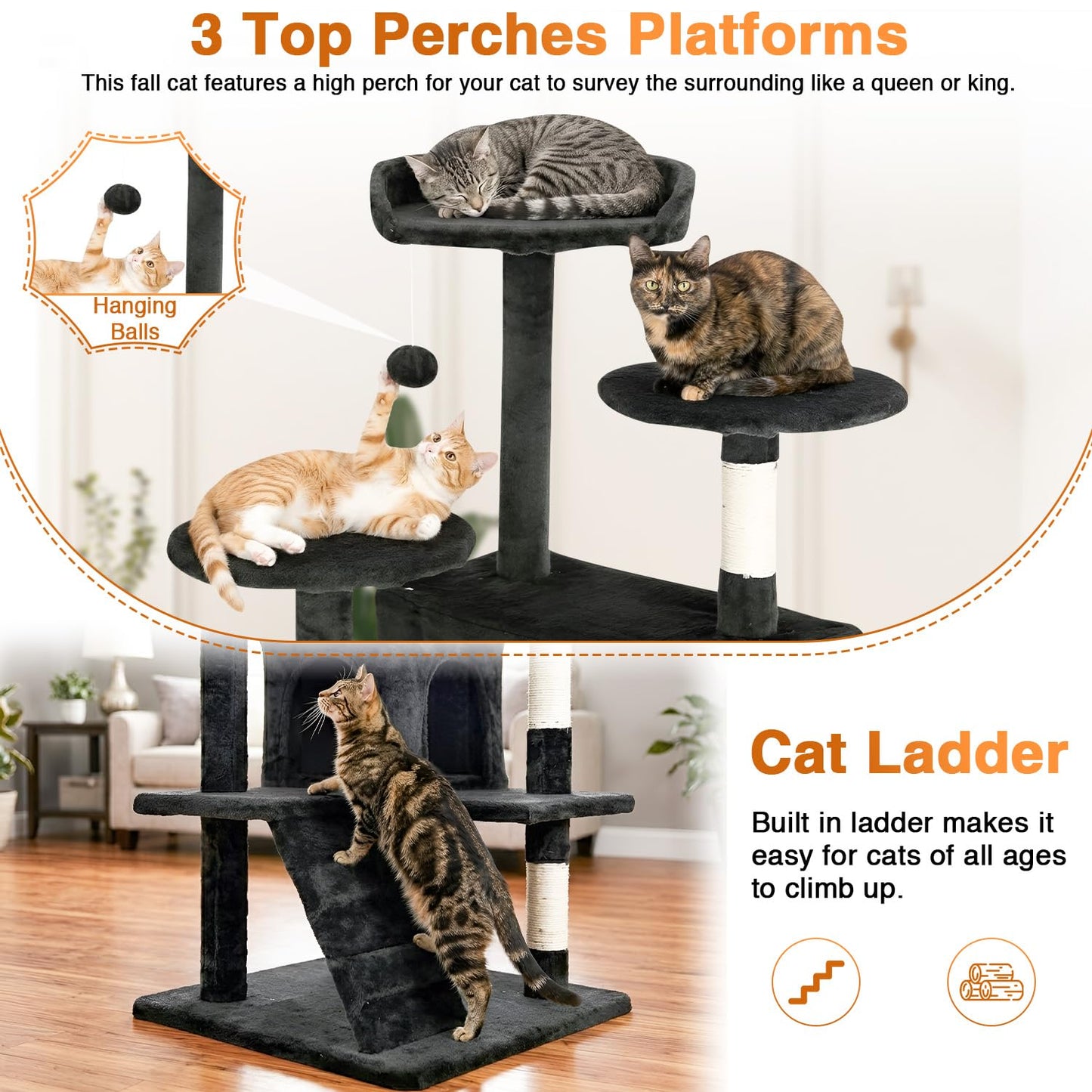 FDW | 54" Cat Tree Tower | Dark Gray | Multi-Level Indoor Activity Center with Sisal Scratching Posts, Condos, Plush Perches, Hanging Cat Toys | Sturdy, Easy to Assemble | for Kittens & Adult Cats