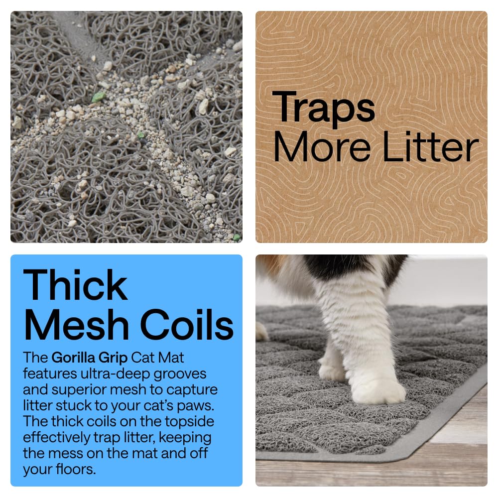 GORILLA GRIP Cat Litter Box Mat, Cushioned Coil Mesh Litter Trapping Mats, Scatter Control Supplies for Less Mess, Phthalate Free, Ultra Deep Catch Grooves, Rinse or Vacuum to Clean, 24x17 Gray