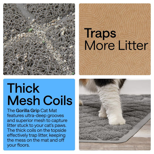 GORILLA GRIP Cat Litter Box Mat, Cushioned Coil Mesh Litter Trapping Mats, Scatter Control Supplies for Less Mess, Phthalate Free, Ultra Deep Catch Grooves, Rinse or Vacuum to Clean, 24x17 Gray