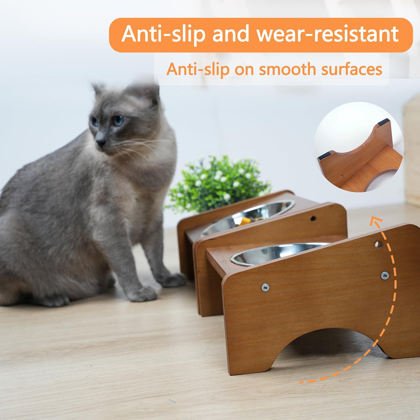 Elevated Stainless Steel Raised Food and Water Bowls, 15 Tilted Anti Vomiting, Dishwasher Safe, Non-Slip, Suitable for Cats and Puppies (Brown) - 2 Pack