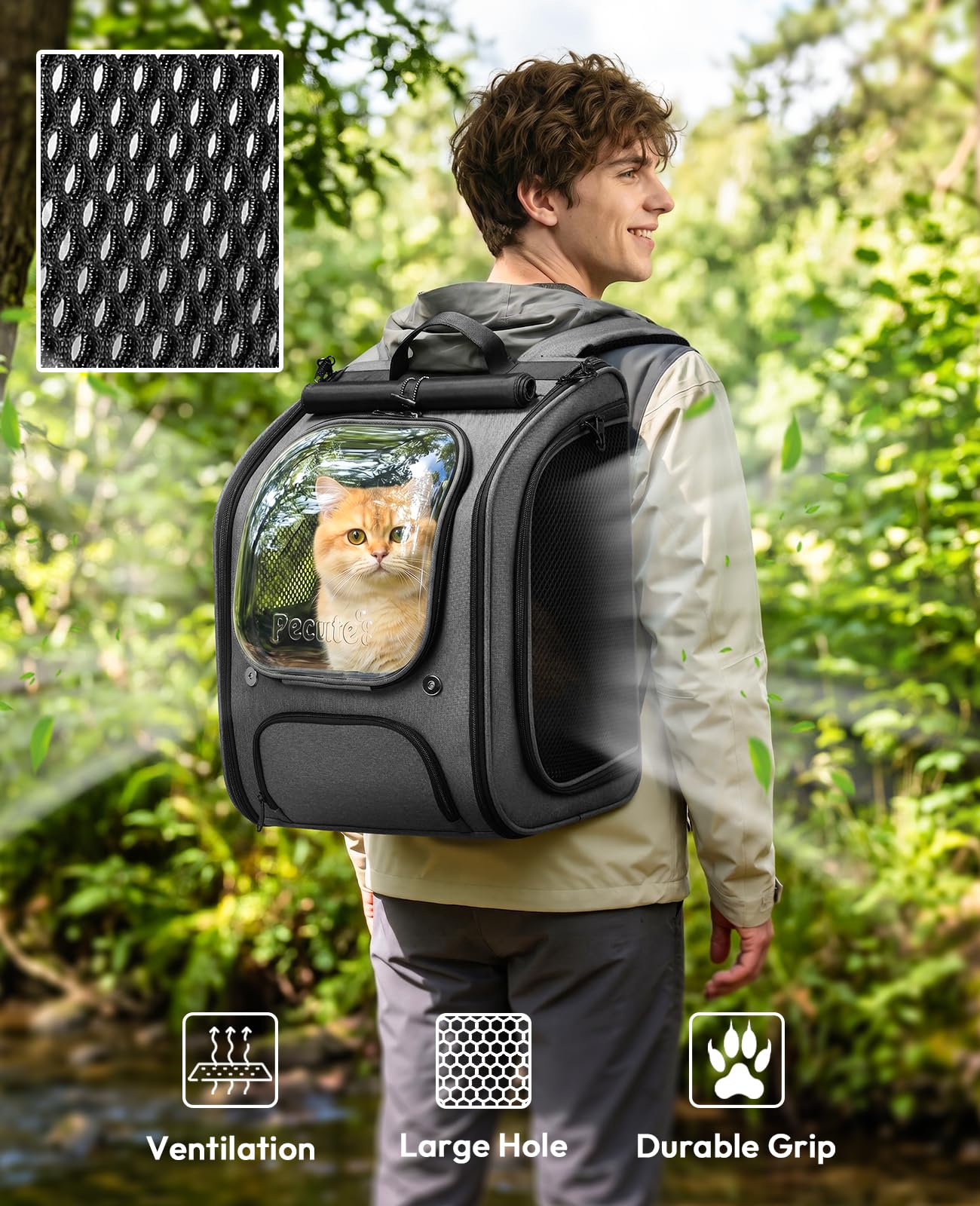 Pecute Cat Backpack Carrier, Large Space Cat Bubble Backpack, Breathable Cat Carrier, Shaded Dog Backpack Carrier, Ergonomic 3D Design for Travel, Hiking, Walk, Suitable for Shopping, Car, Vet, Gray