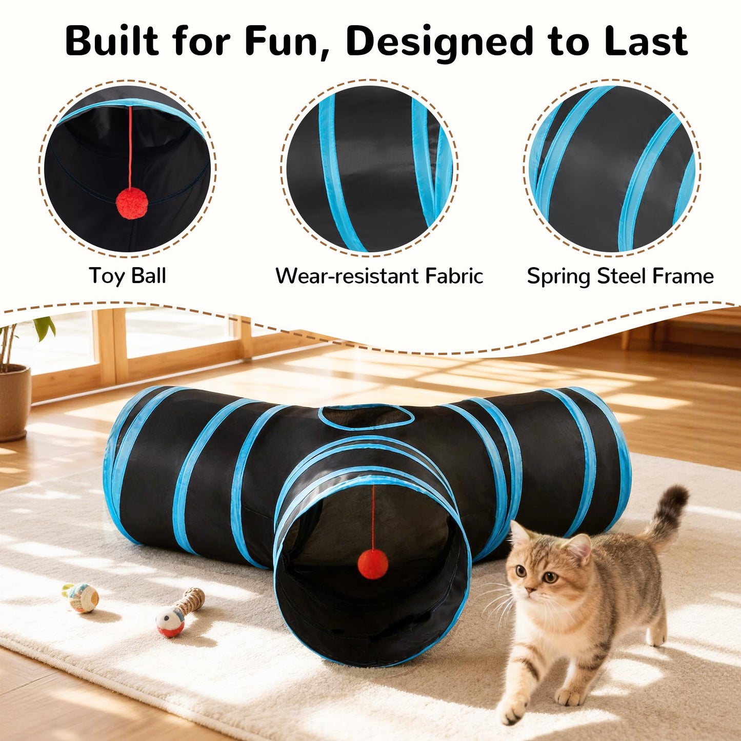 Tempcore Pet Cat Tunnel Tube Toys 3 Way Collapsible, Tunnels for Indoor Cats, Interactive Tube with Teaser Wand, Peek Holes & Hanging Ball, Black & Blue