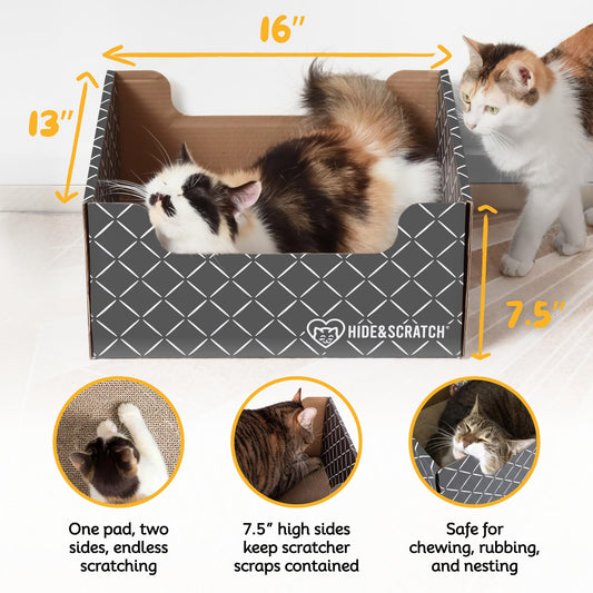 Hide & Scratch Cardboard Cat Scratcher Box & Bed - Dark Grey Diamond | Double-Sided Corrugated Pad for Indoor Cats | Refillable Scratching Board Toy for Play & Furniture Protection