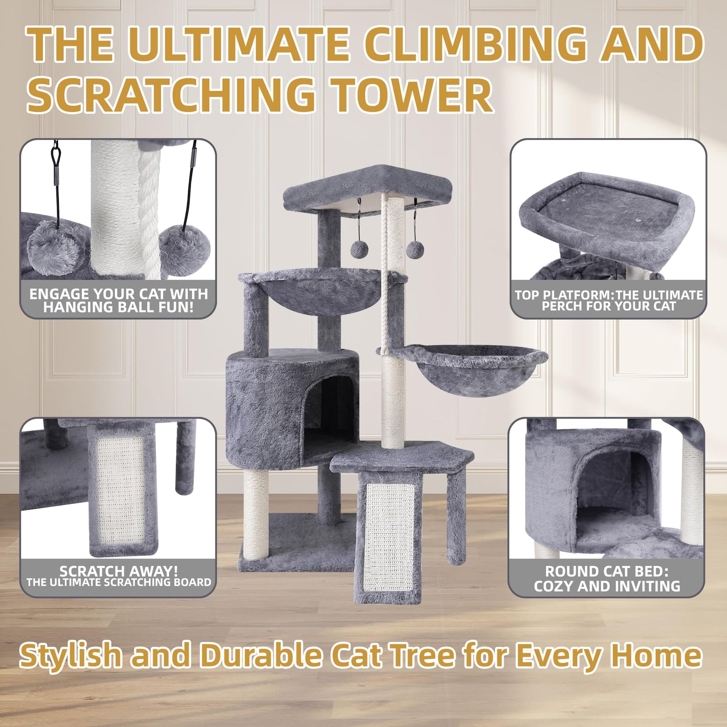 3-Tier Cat Tree with 2 Hammocks & Condo, Grey | Multi-Level Indoor Cat Tower with Natural Sisal Scratching Posts, Rope Ladder, Replaceable Hanging Balls | Sturdy Cat Furniture for Kittens & Adult Cats