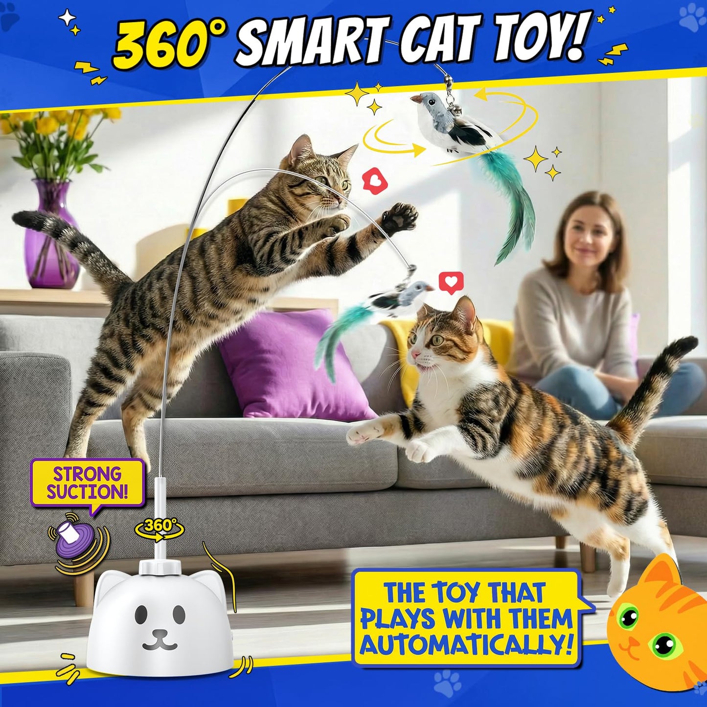 CATPICK Interactive Cat Toys for Indoor Cats - Automatic Flying Bird Feather Toy, Rechargeable Electric Cat Wand with Sticky Suction Base, Smart Motion Activated Self-Play Enrichment Toy for Bored Cat
