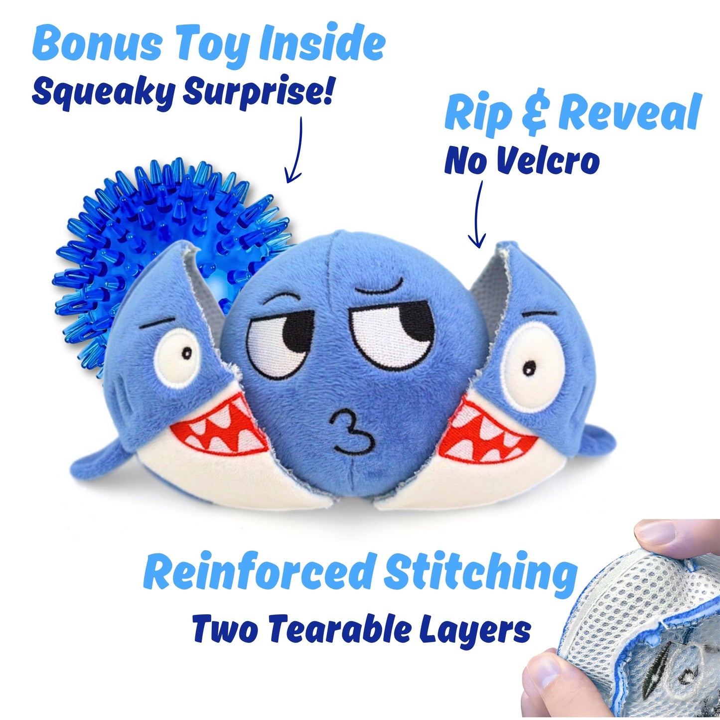 PeppyPawz - Sharky 3 in 1 Plush Shark Dog Chew Toy with Squeaky Ball Inside for Aggressive Chewers, Super Interactive No Stuffing, Strong Tough Heavy Durable, Birthday Gift Box for Small & Large Breed