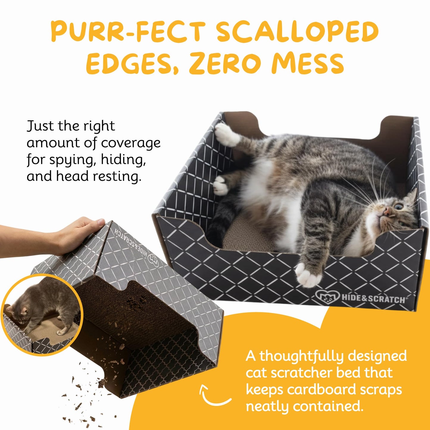 Hide & Scratch Cardboard Cat Scratcher Box & Bed - Dark Grey Diamond | Double-Sided Corrugated Pad for Indoor Cats | Refillable Scratching Board Toy for Play & Furniture Protection