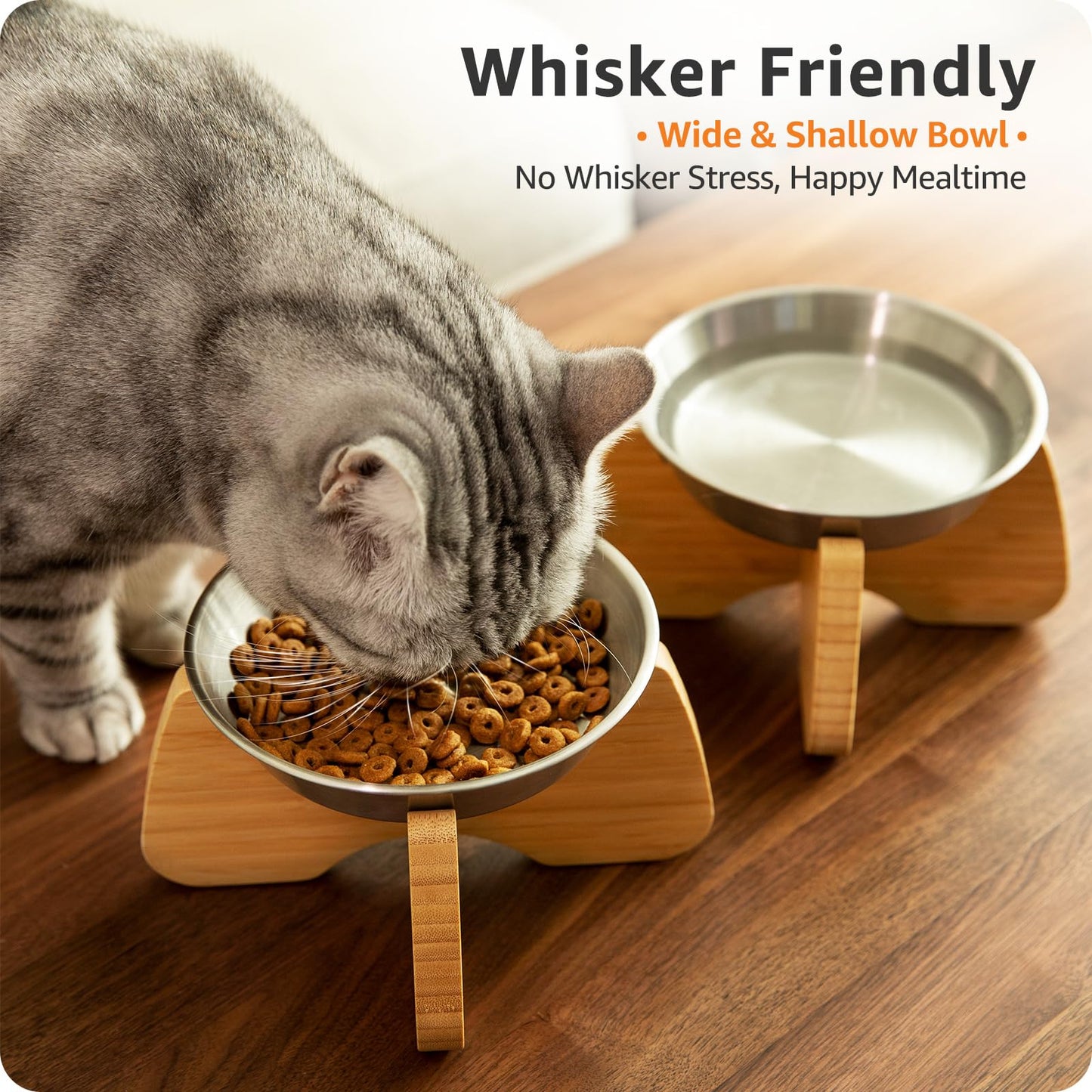 Raised Cat Bowl, 2 Pack Stainless Steel Elevated Cat Bowl Whisker Friendly Wide Flat Shallow Cute with Bamboo Stand Elevated Cat Food Plate Dishwasher Safe No Slip Lifted Raised Cat Dish Easy Clean