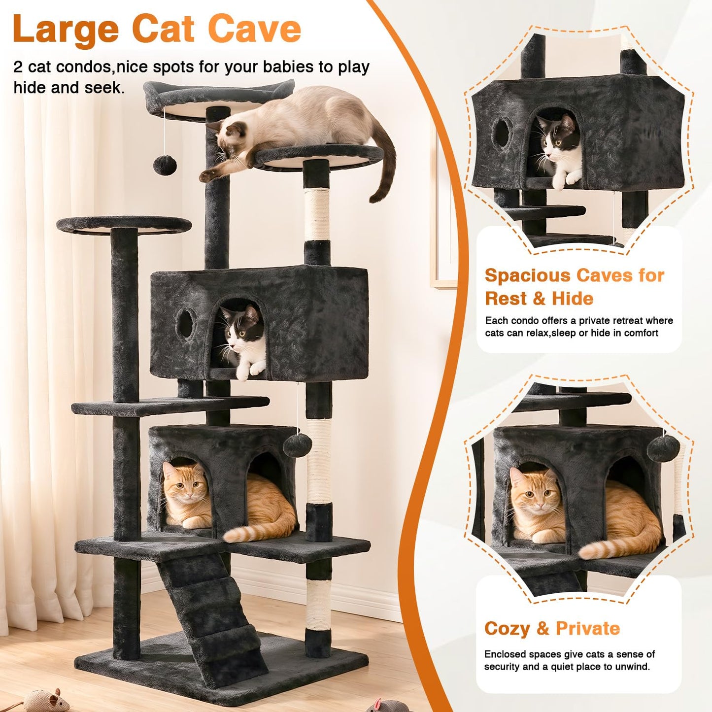 FDW | 54" Cat Tree Tower | Dark Gray | Multi-Level Indoor Activity Center with Sisal Scratching Posts, Condos, Plush Perches, Hanging Cat Toys | Sturdy, Easy to Assemble | for Kittens & Adult Cats