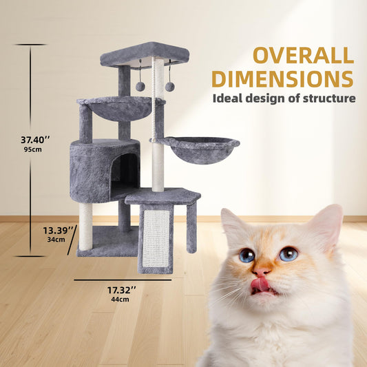 3-Tier Cat Tree with 2 Hammocks & Condo, Grey | Multi-Level Indoor Cat Tower with Natural Sisal Scratching Posts, Rope Ladder, Replaceable Hanging Balls | Sturdy Cat Furniture for Kittens & Adult Cats