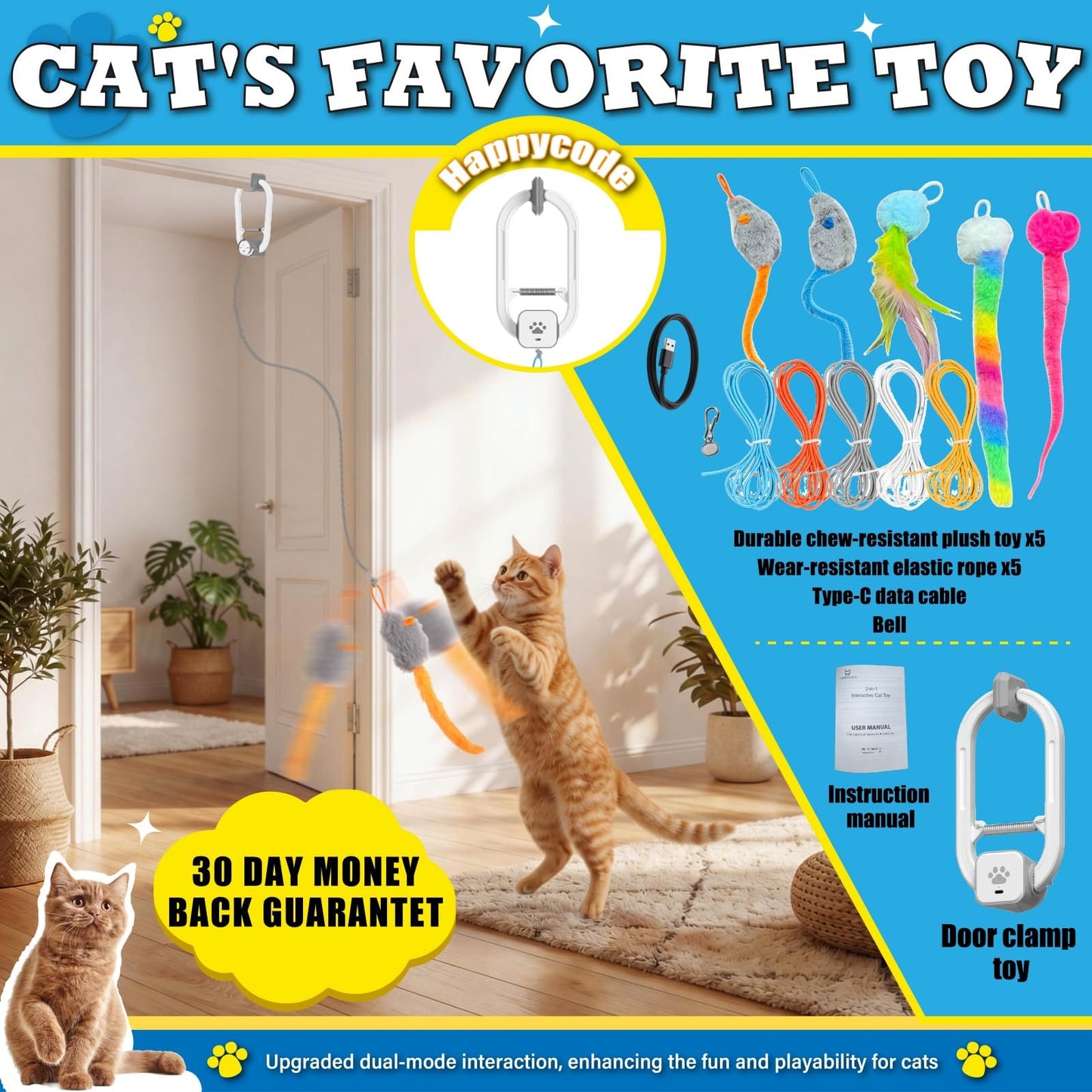 HAPPYCODE Interactive Cat Toy, Rechargeable Electric Cat Teaser, Hanging Door cat Toy, 2 Motion Modes (360° Spin & Irregular Jumping), Smart Auto Cat Toy for Exercise & Fun, Grey