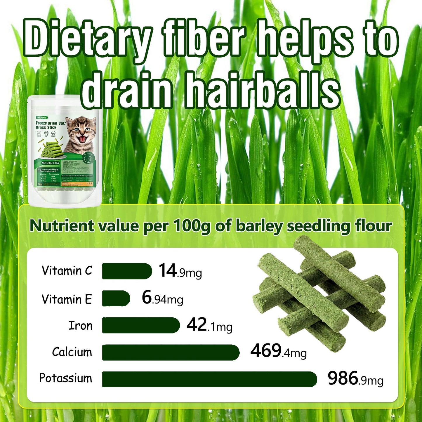Hkpetie 30g Cat Grass Sticks, Delicious Cat Grass Teething Stick Edible Cats Chew Toy Cat Treats Snack for Teeth Cleaning and Hairball Removal