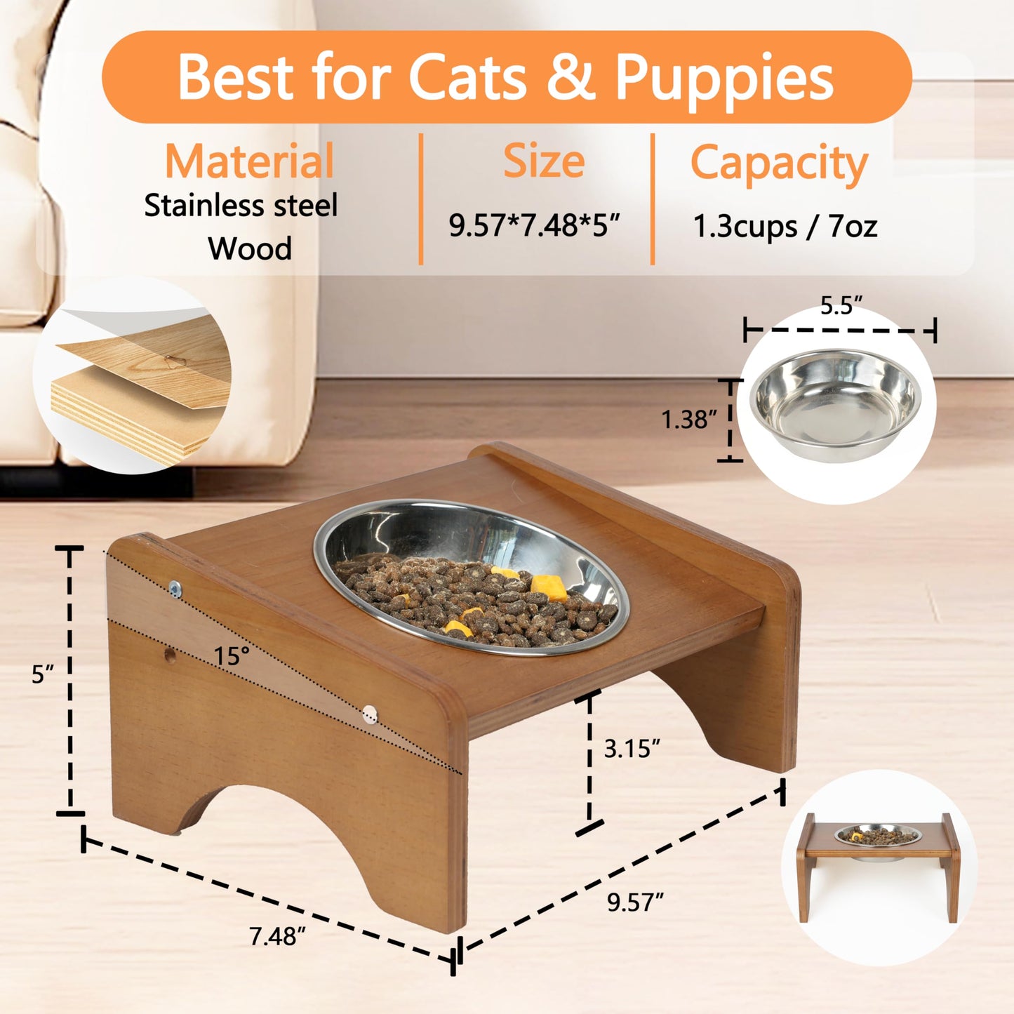 Elevated Stainless Steel Raised Food and Water Bowls, 15 Tilted Anti Vomiting, Dishwasher Safe, Non-Slip, Suitable for Cats and Puppies (Brown) - 2 Pack
