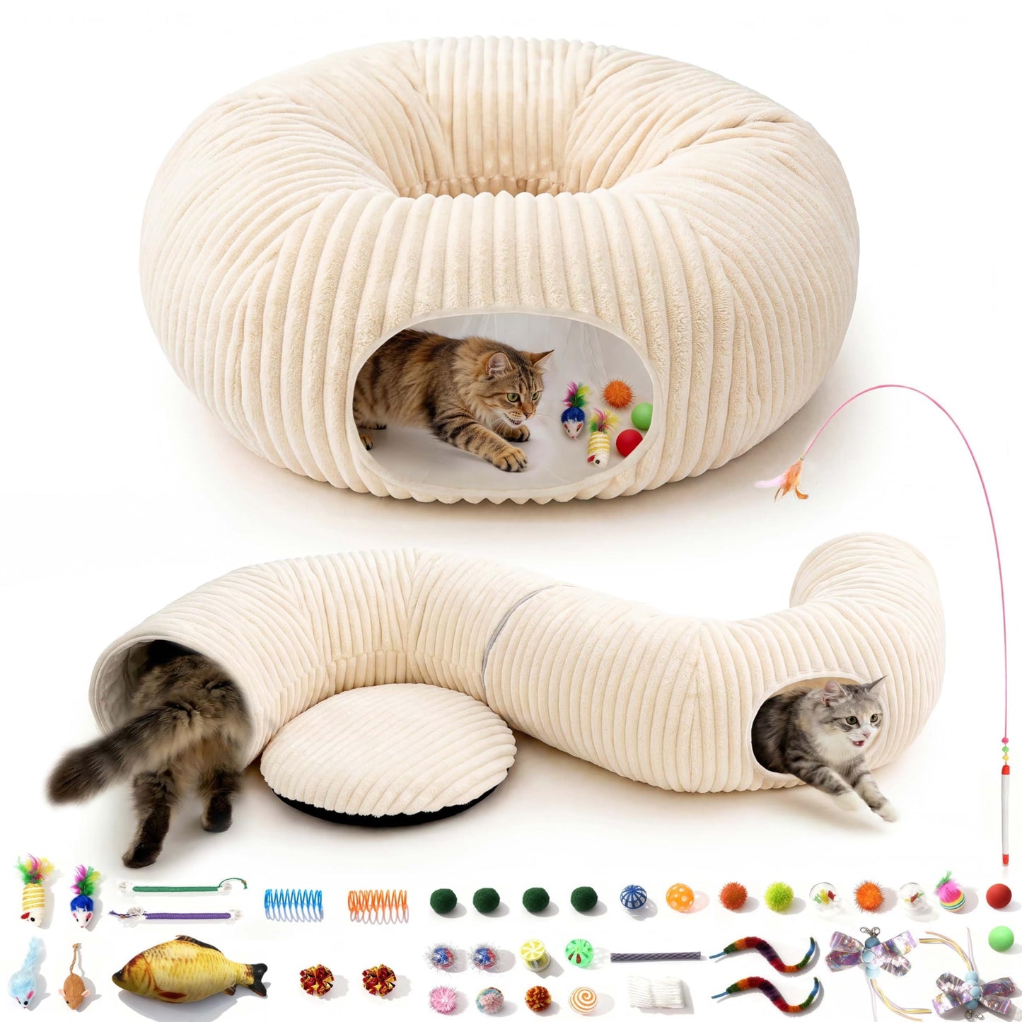 MOYMO Cat Tunnel Bed with 40 Pcs Interactive Cat Toys, Cat Tube with Kitten Toys for Indoor Kittens, Collapsible Play Tunnel, White